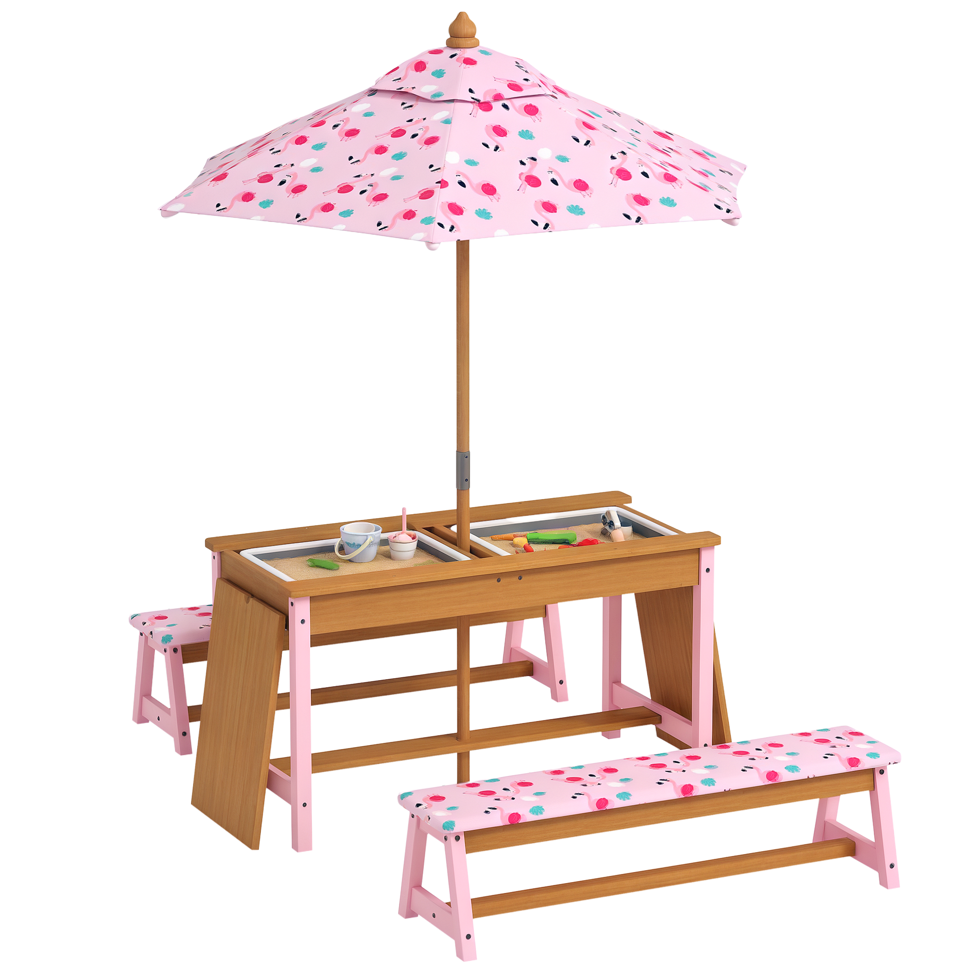 Kids Picnic Table Set With Removable & Foldable Umbrella,Storage Boxes,Flamingo