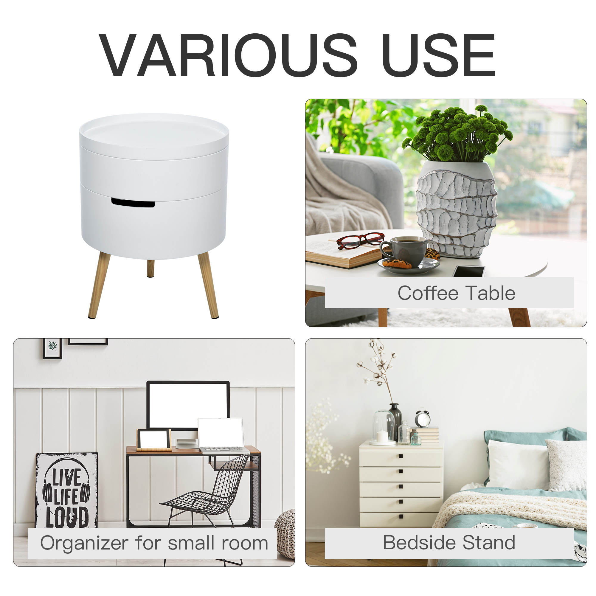 3-Tier Coffee Table,Round End Table With 2 Hidden Compartments And Detachable — image 2