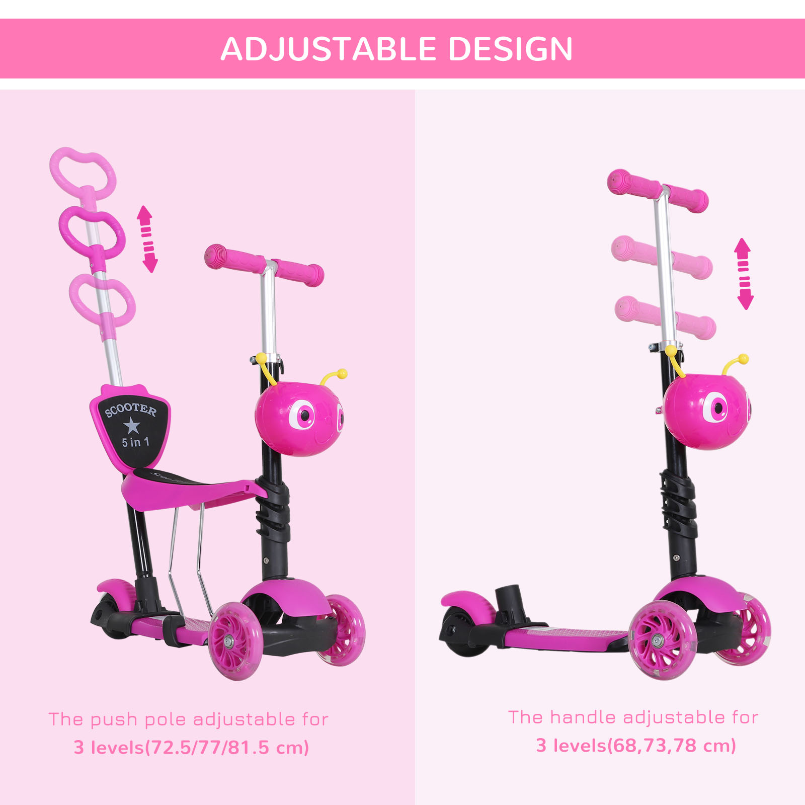 Adjustable Kids Toddler Scooter,with Removable Seat,Back Handle,Pink — image 3