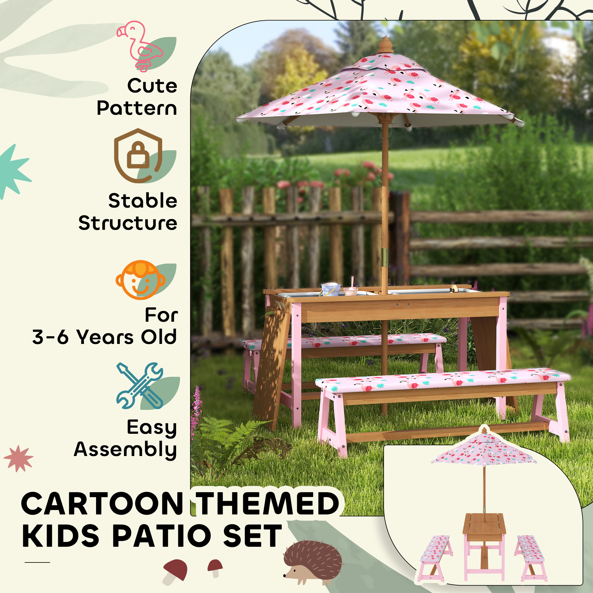 Kids Picnic Table Set With Removable & Foldable Umbrella,Storage Boxes,Flamingo — image 4