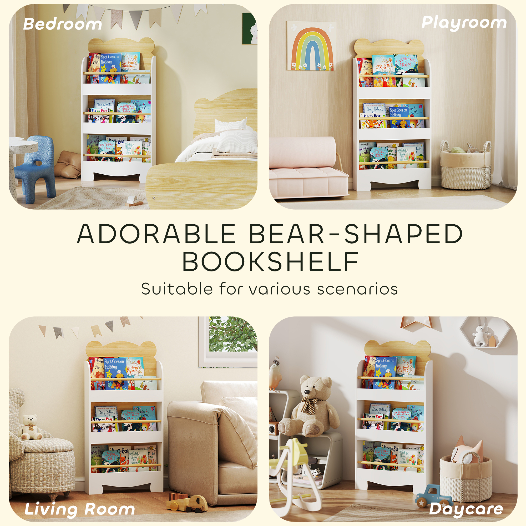 Kids Bookshelf,3 Tier Children Bookcase,Bear Theme Toddler Space-Saving — image 2
