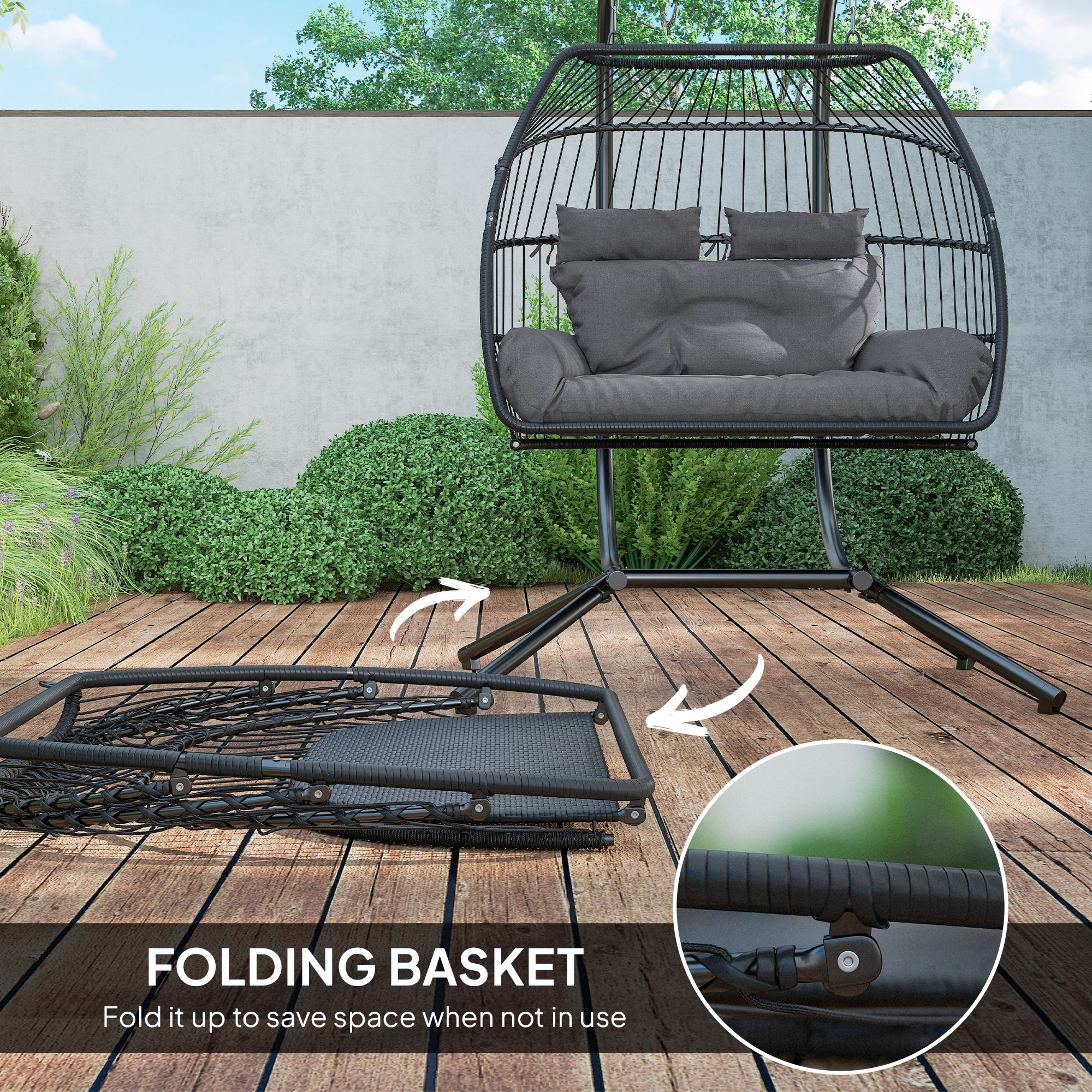 Rattan Double Hanging Egg Chair With Stand,Foldable Wicker Swing Cushion,Head — image 2