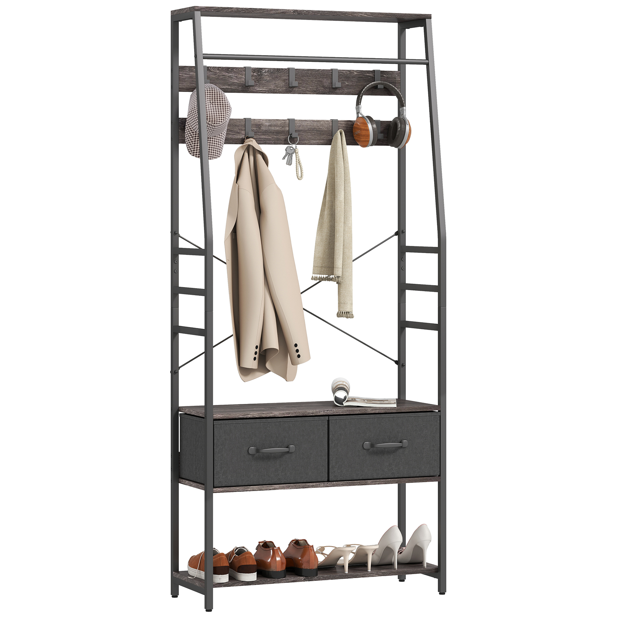 Coat Rack With Shoe Storage,Hall Tree,Industrial Stand Bench,10 Removable