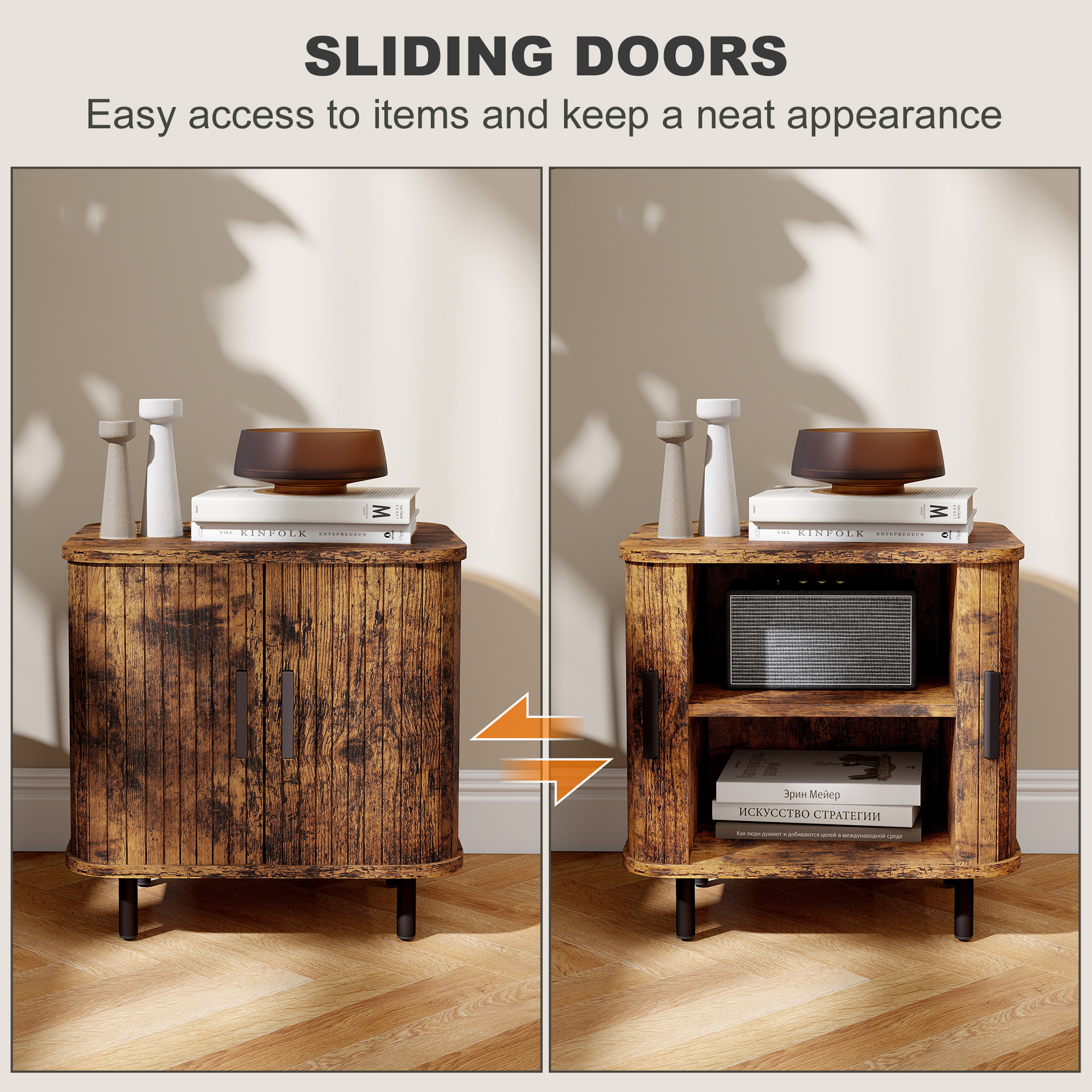 Nightstand With Sliding Doors And Metal Legs Rustic Brown — image 2
