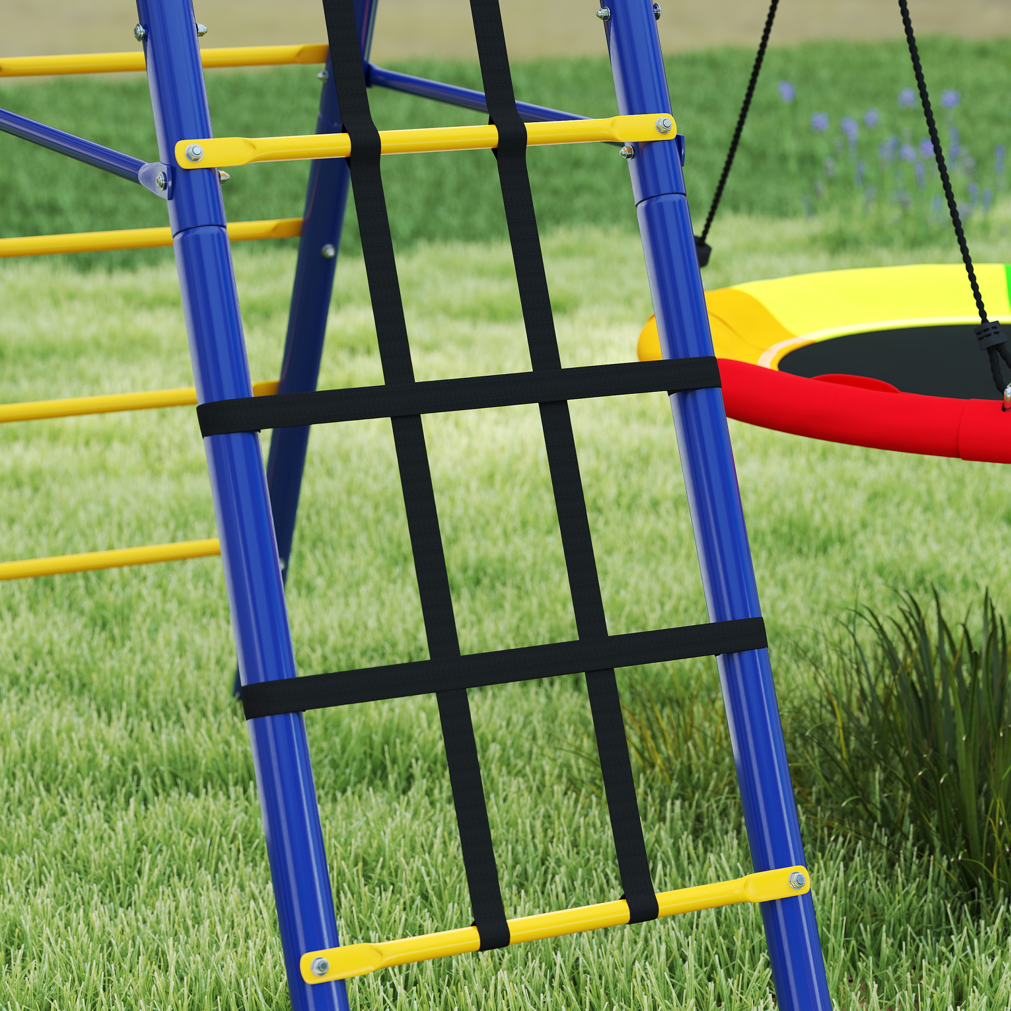6 In 1 Metal Kids Swing Set With 3 Swings,Climbing Ladder & Net,Basketball