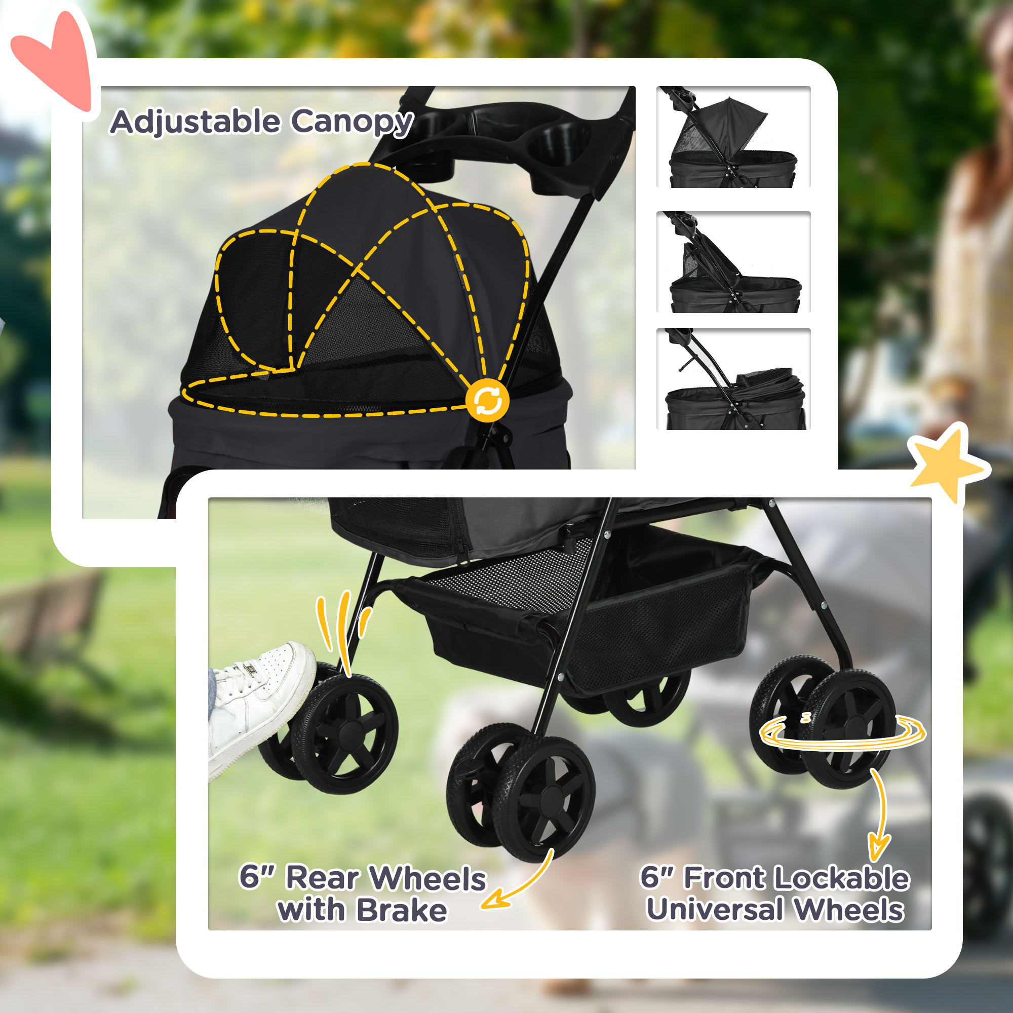 Dog Pram Dog Stroller Foldable Pet Pushchair With 4 Wheels,Safety Leashes,Cup Holder For Small Dogs,Black detail photo 9