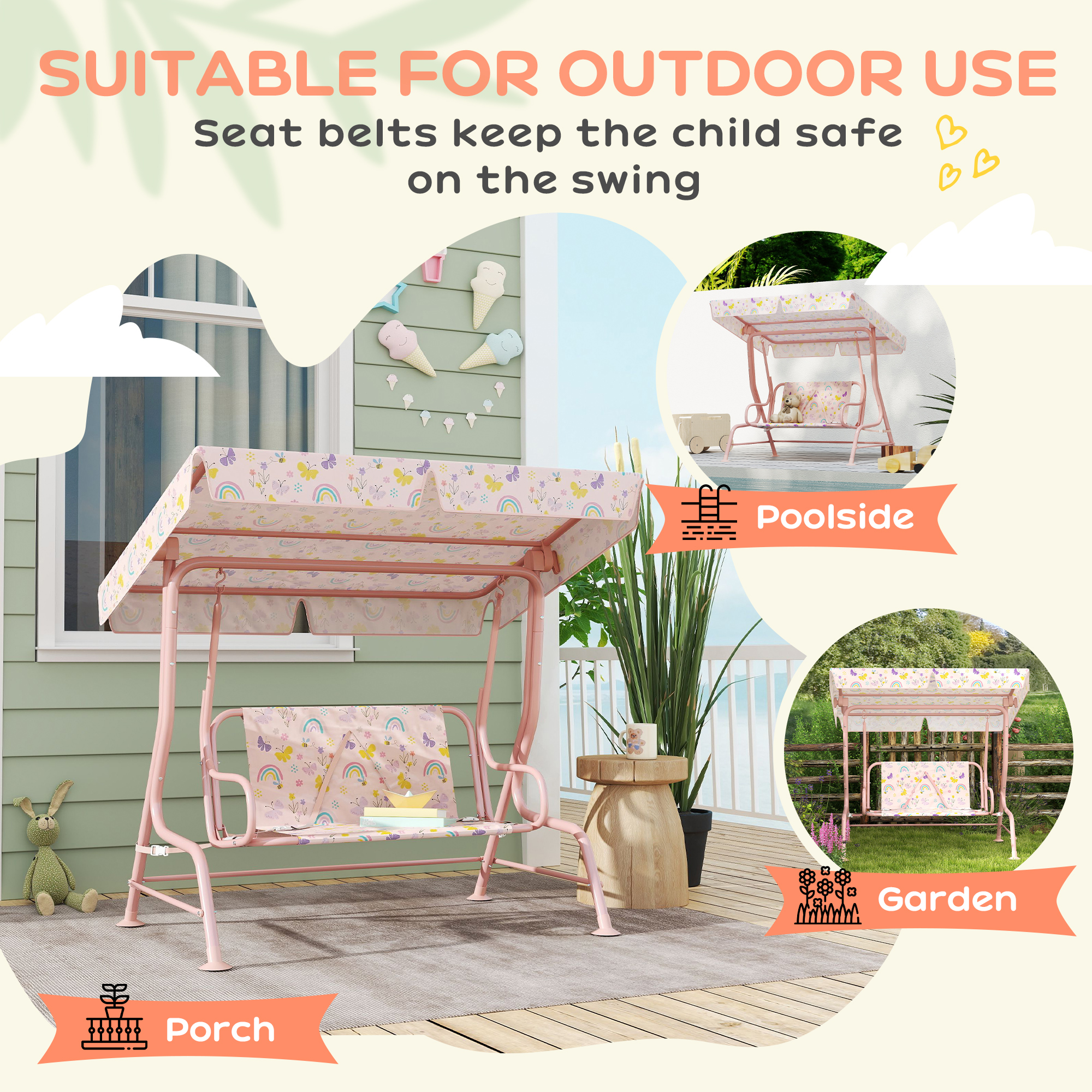 Kids Garden Swing Chair With Adjustable Canopy,Safety Belt,2 Seater Hammock — image 5