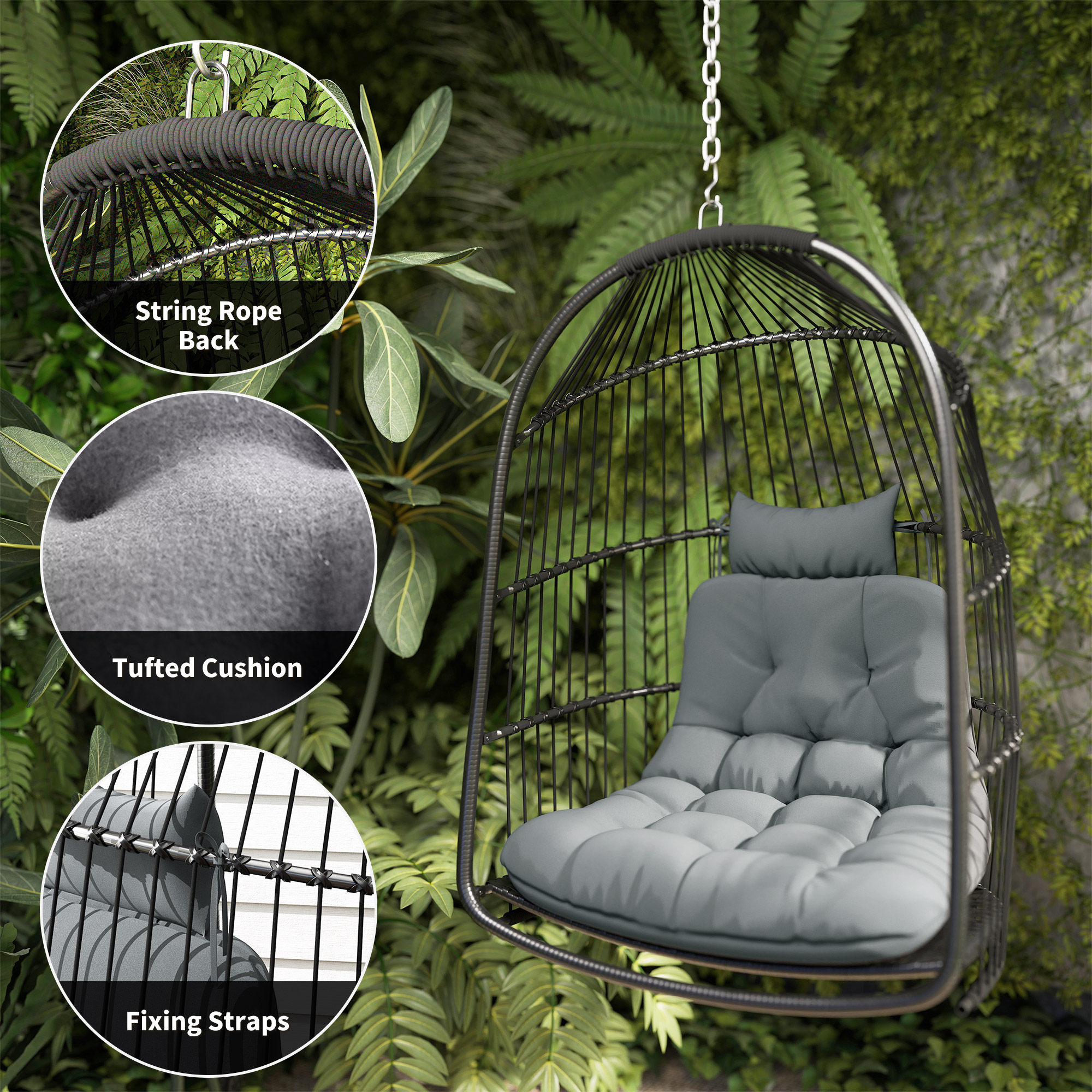 Hanging Egg Chair,Foldable Rattan Garden Swing Chair With Installation