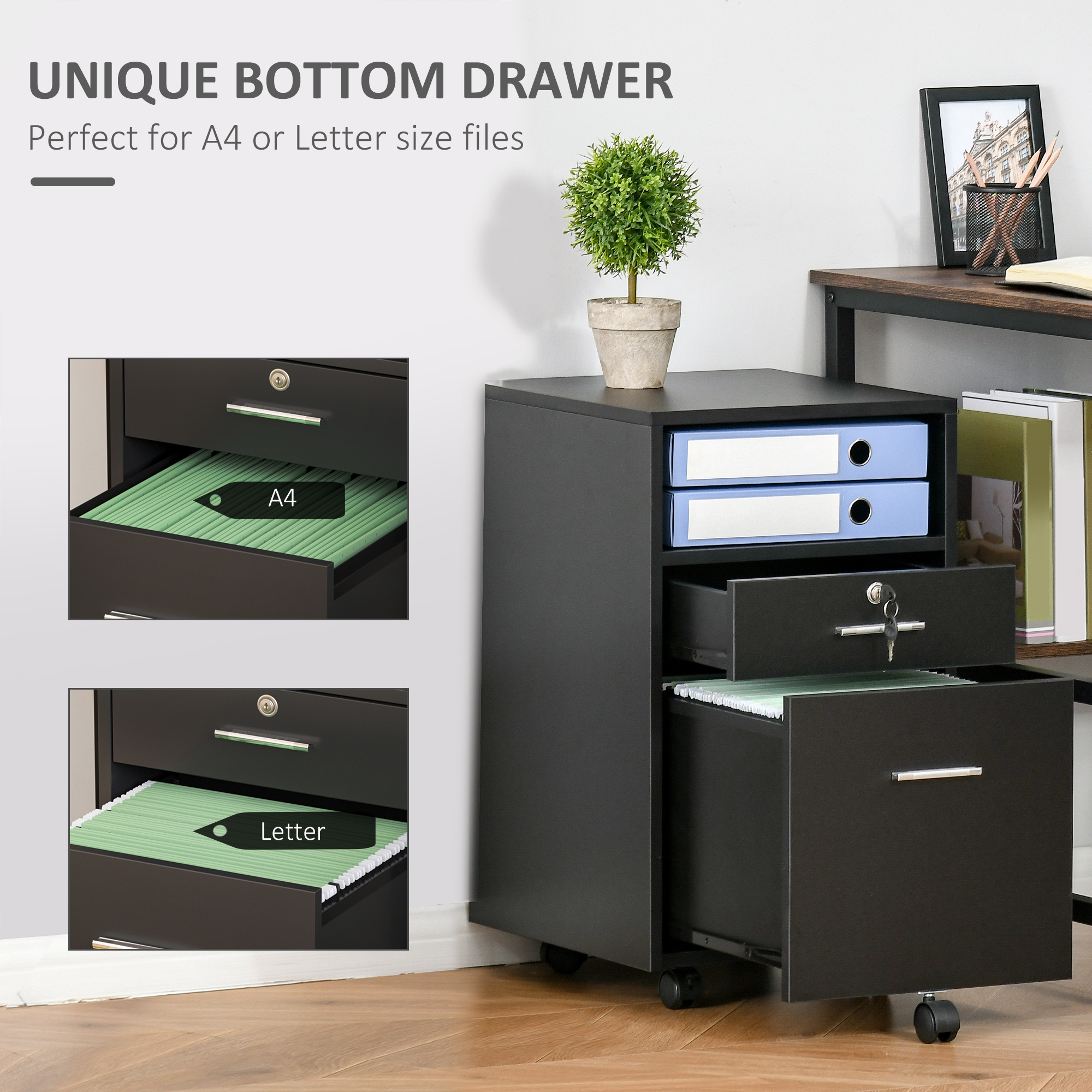 Lockable Two-Drawer Filing Cabinet,with Wheels-Black — image 3