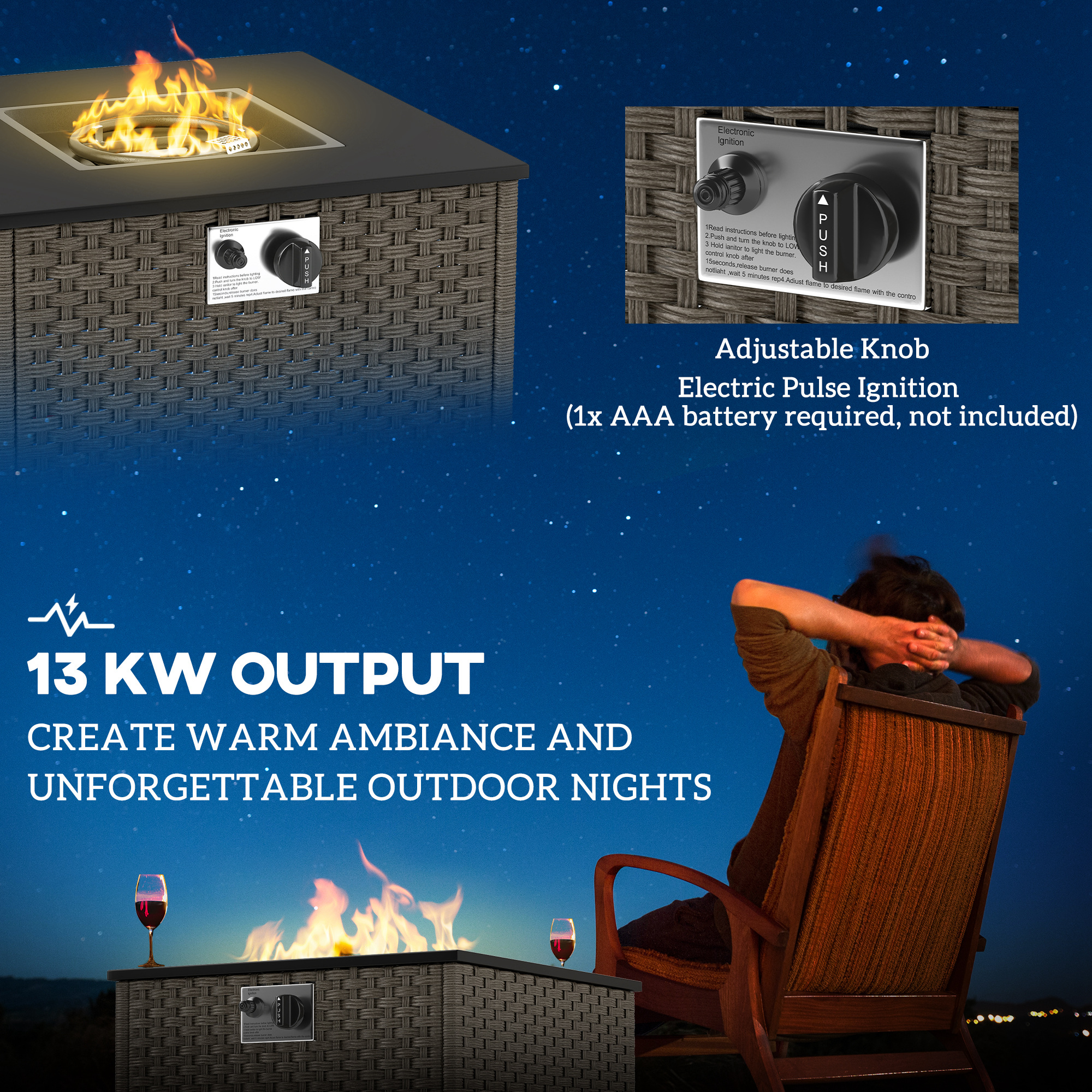 Rattan Gas Fire Pit Table For Garden,13 KW Smokeless Propane With Lid,Square — image 5