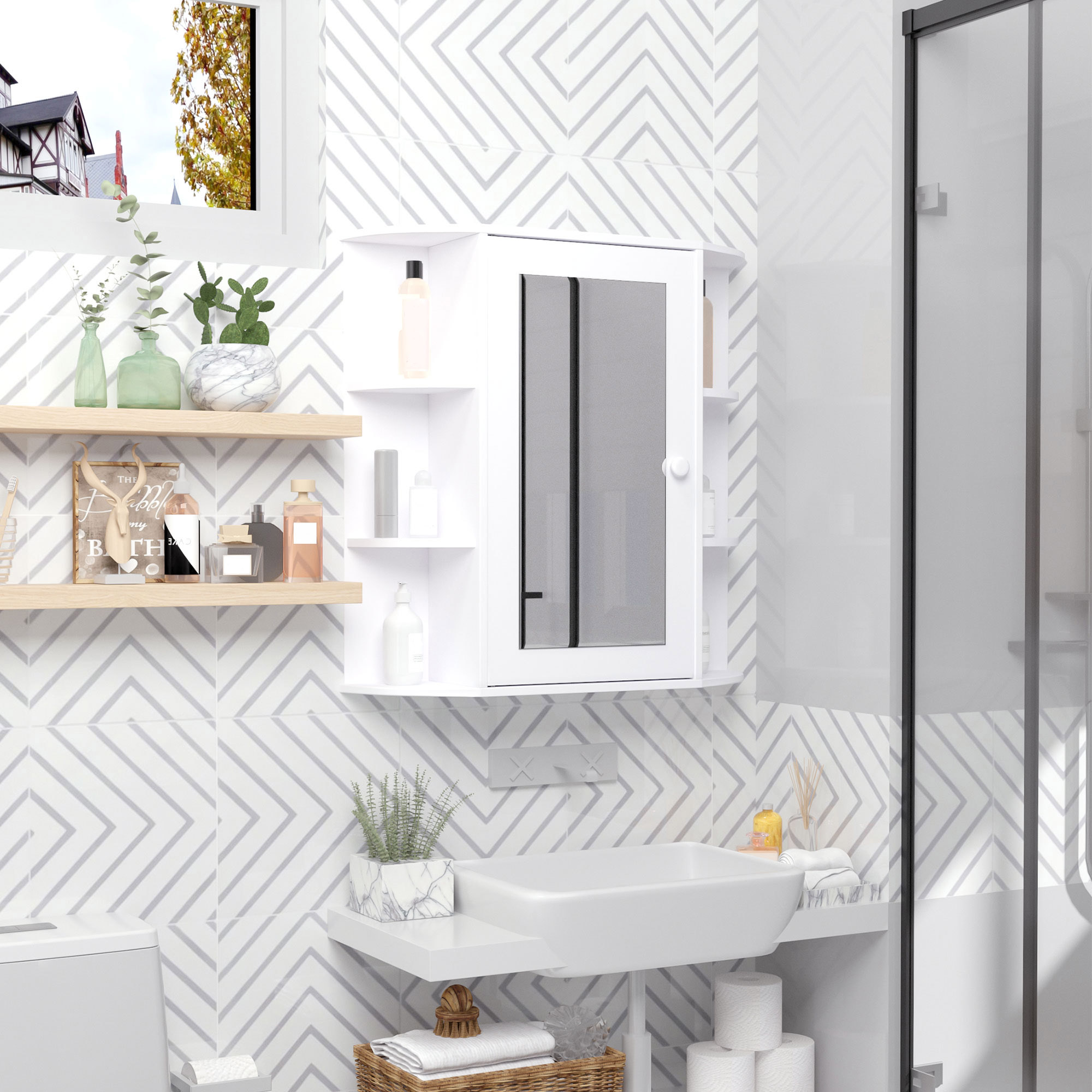 Wall Mounted Bathroom Cabinet With Mirror Single Door Storage Organizer 2-tier