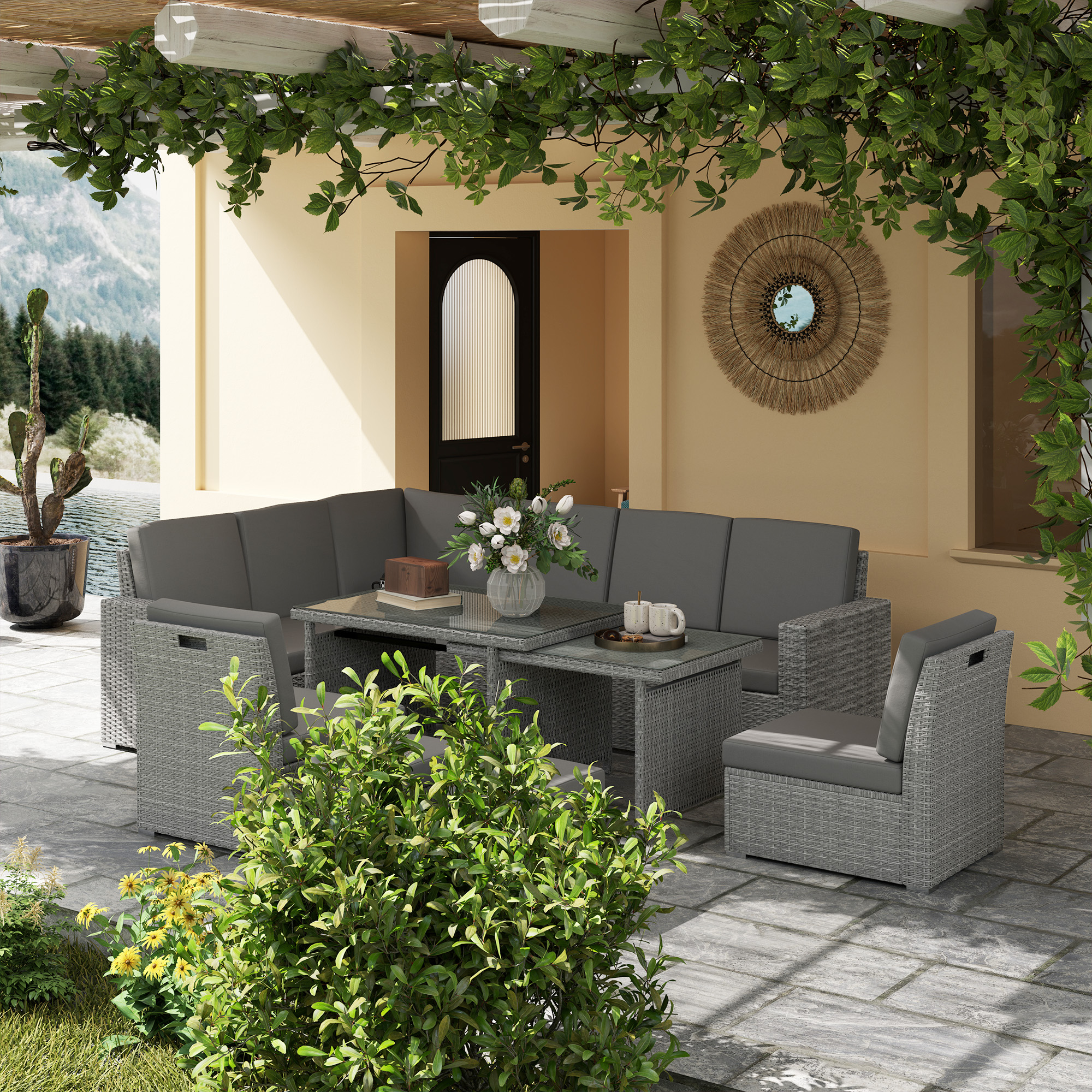 Seven-Piece Rattan Garden Sofa Set,with Expanding Table-Light Grey — image 2