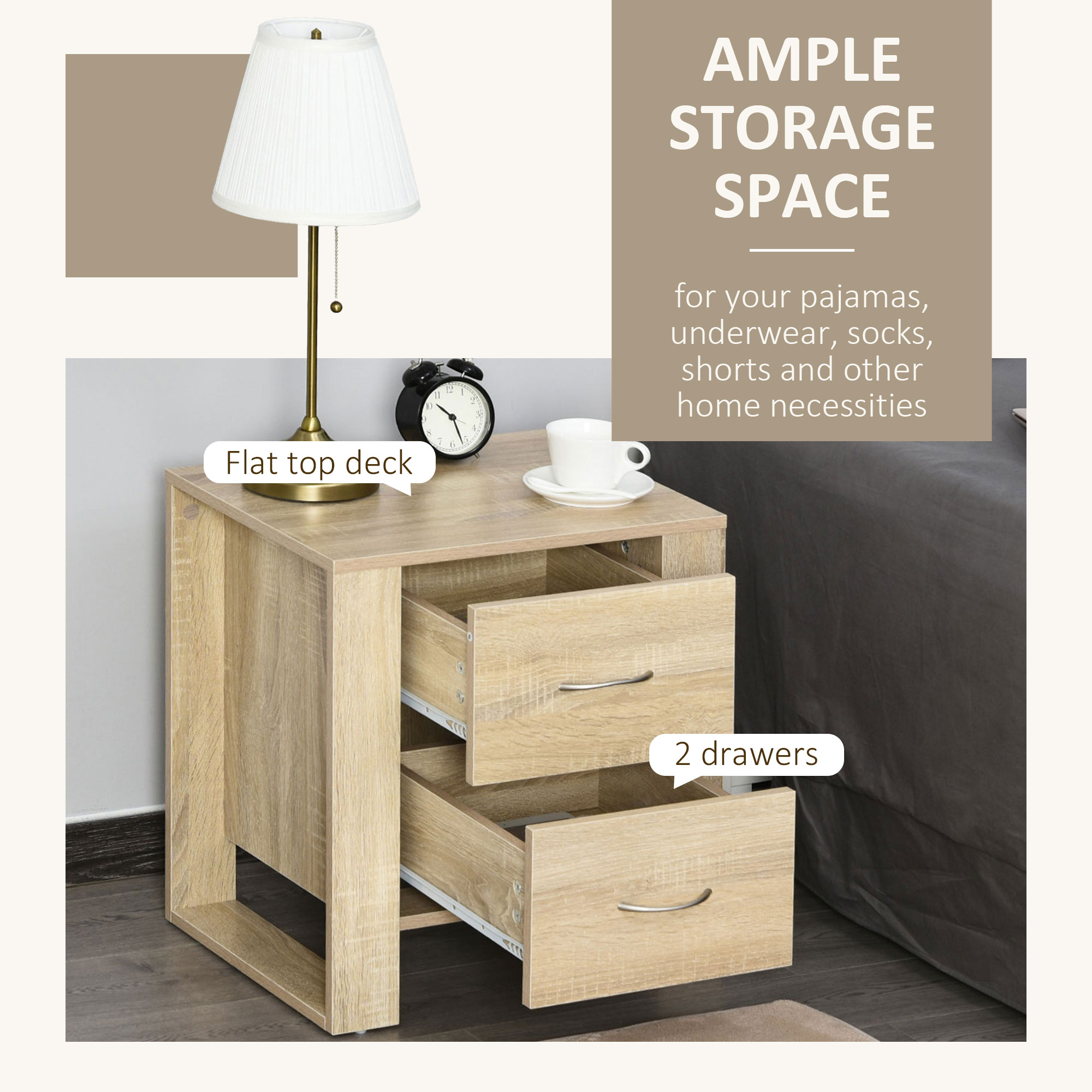 Bedside Table With 2 Drawers,Nightstand Handles And Elevated Base,Side — image 4