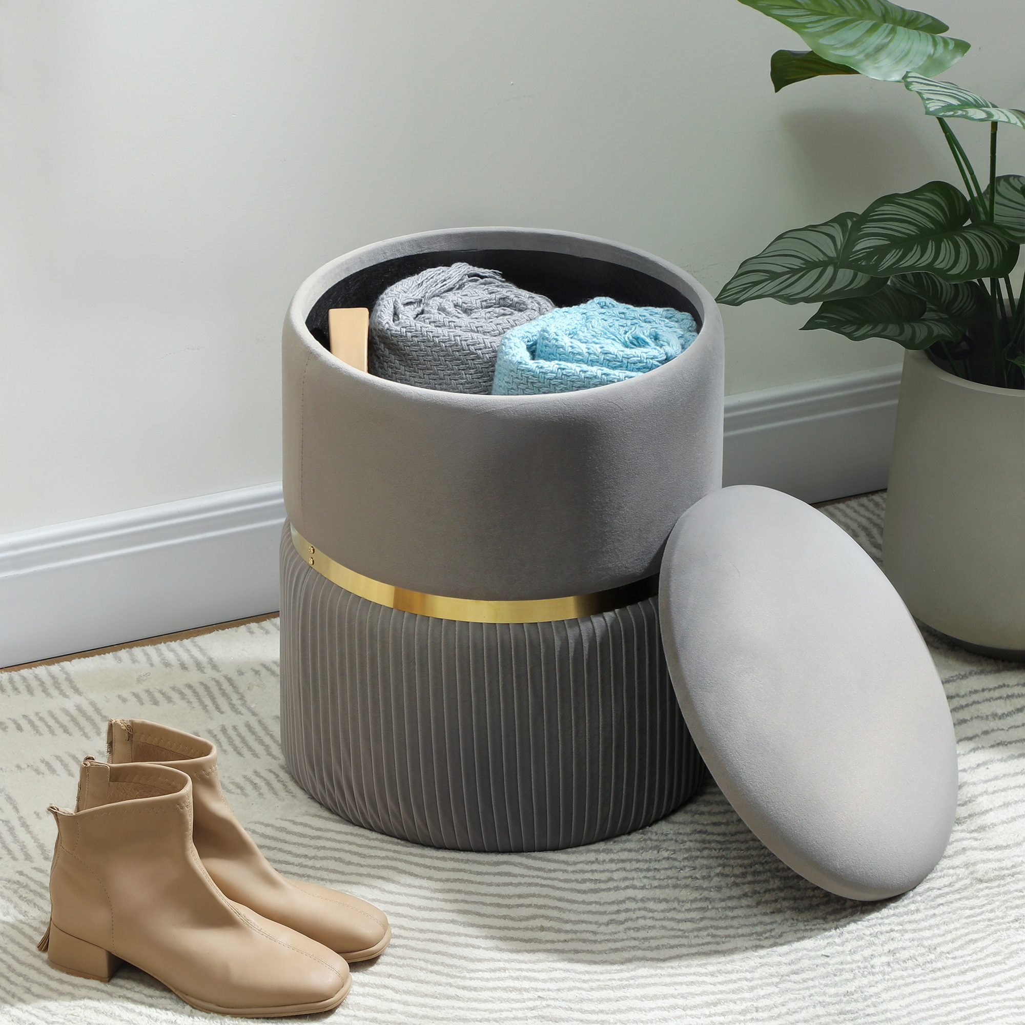 Velvet-Feel Storage Ottoman-Light Grey — image 3