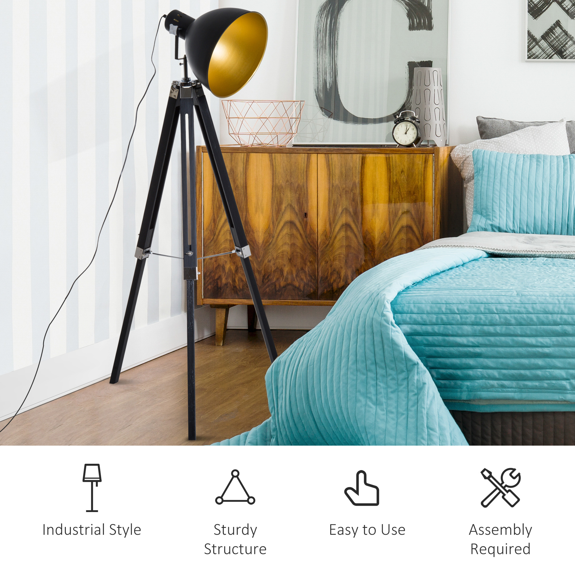 Tripod Floor Lamp,Spotlight Reading Lamp W/ Adjustable Height,Angle,Wood Legs