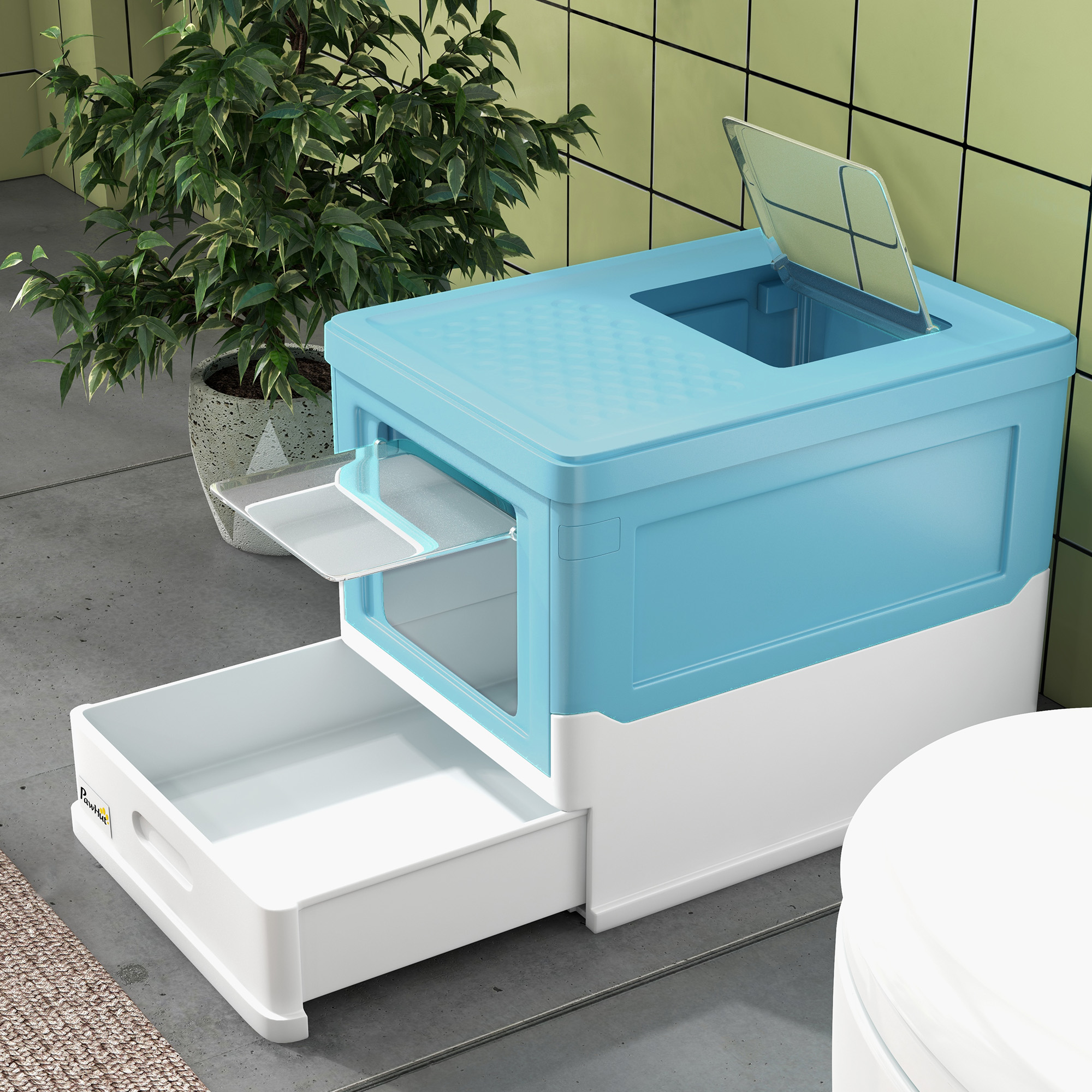 Hooded Cat Litter Box,Portable Pet Toilet,with Scoop,Front Entry-Light Blue — image 5