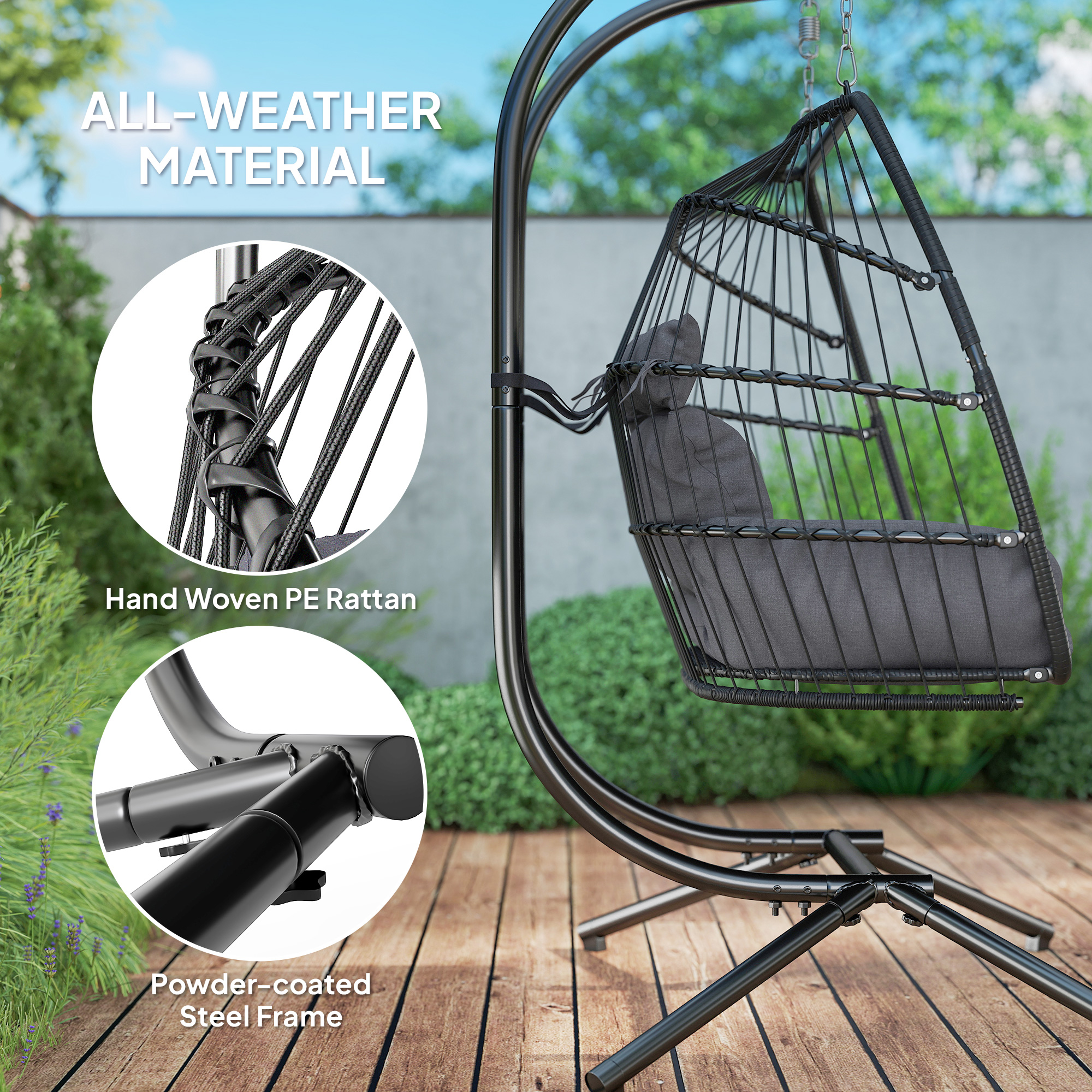 Rattan Double Hanging Egg Chair With Stand,Foldable Wicker Swing Cushion,Head — image 5