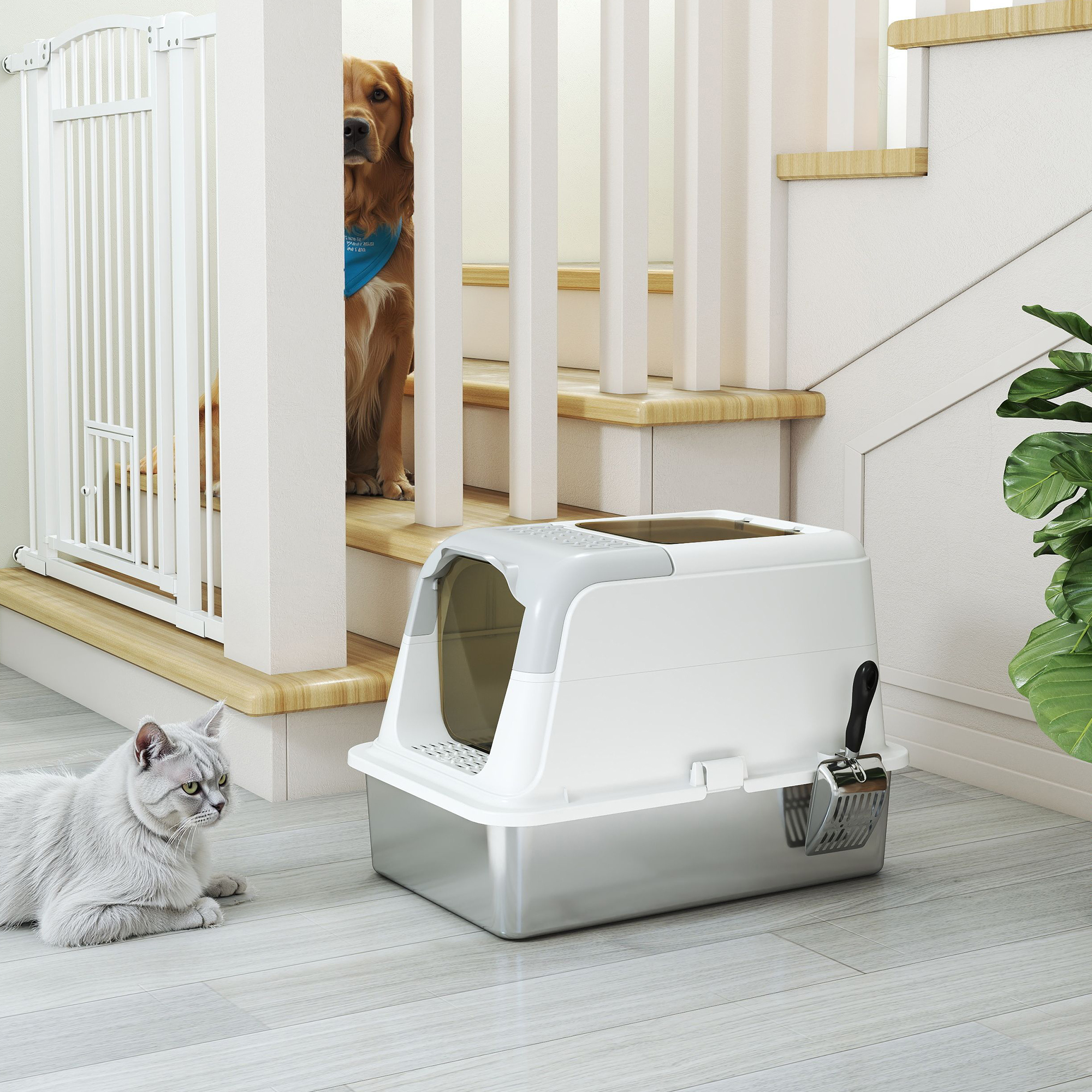 Extra Large Stainless Steel Litter Box,Enclosed Cat Litter Tray With Scoop,Deodorizer Bag,Front-Entry And Top-Exit detail photo 2