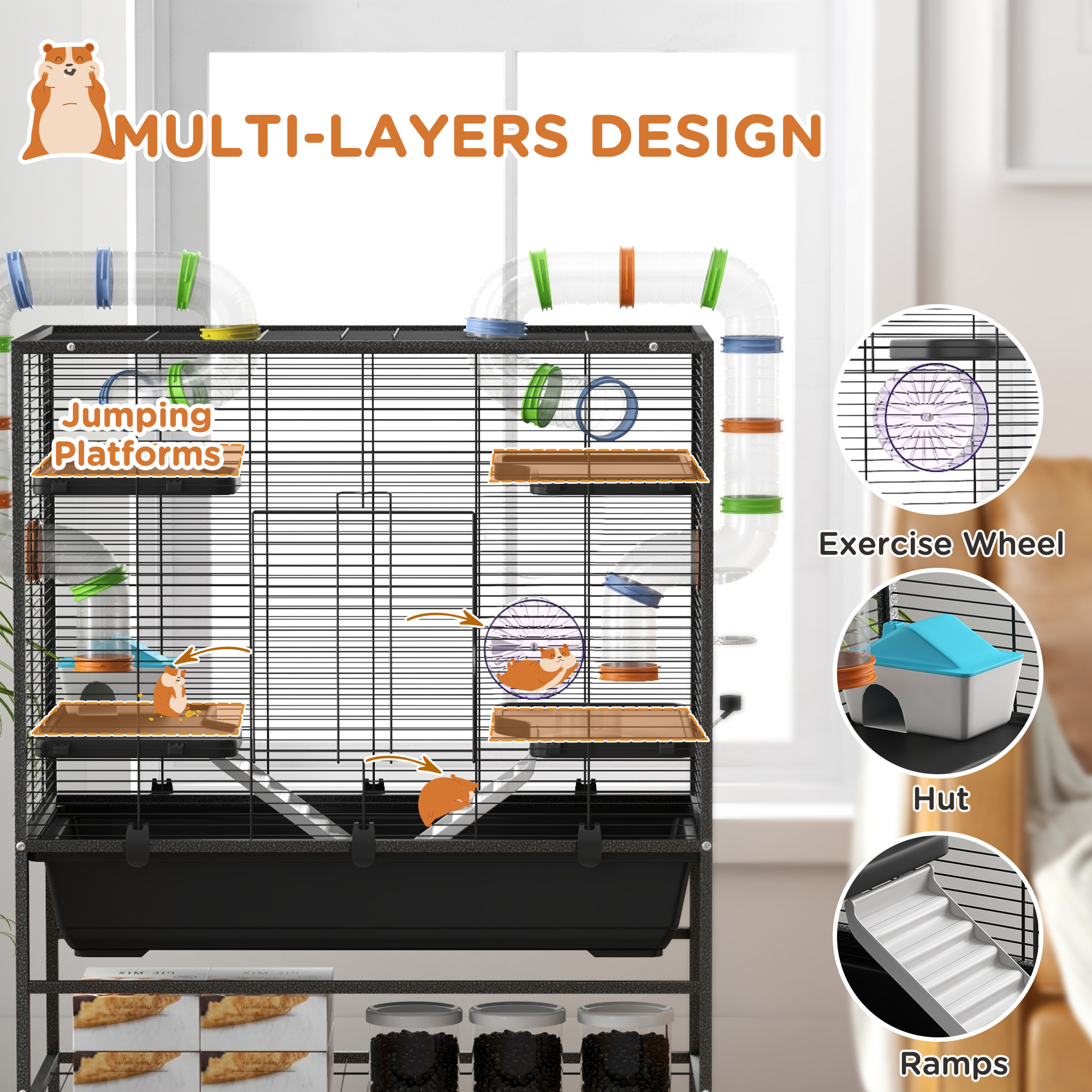 Large Hamster Cage,Gerbil Cage With Tubes,Storage Shelf,Ramps,Platforms,Running — image 3