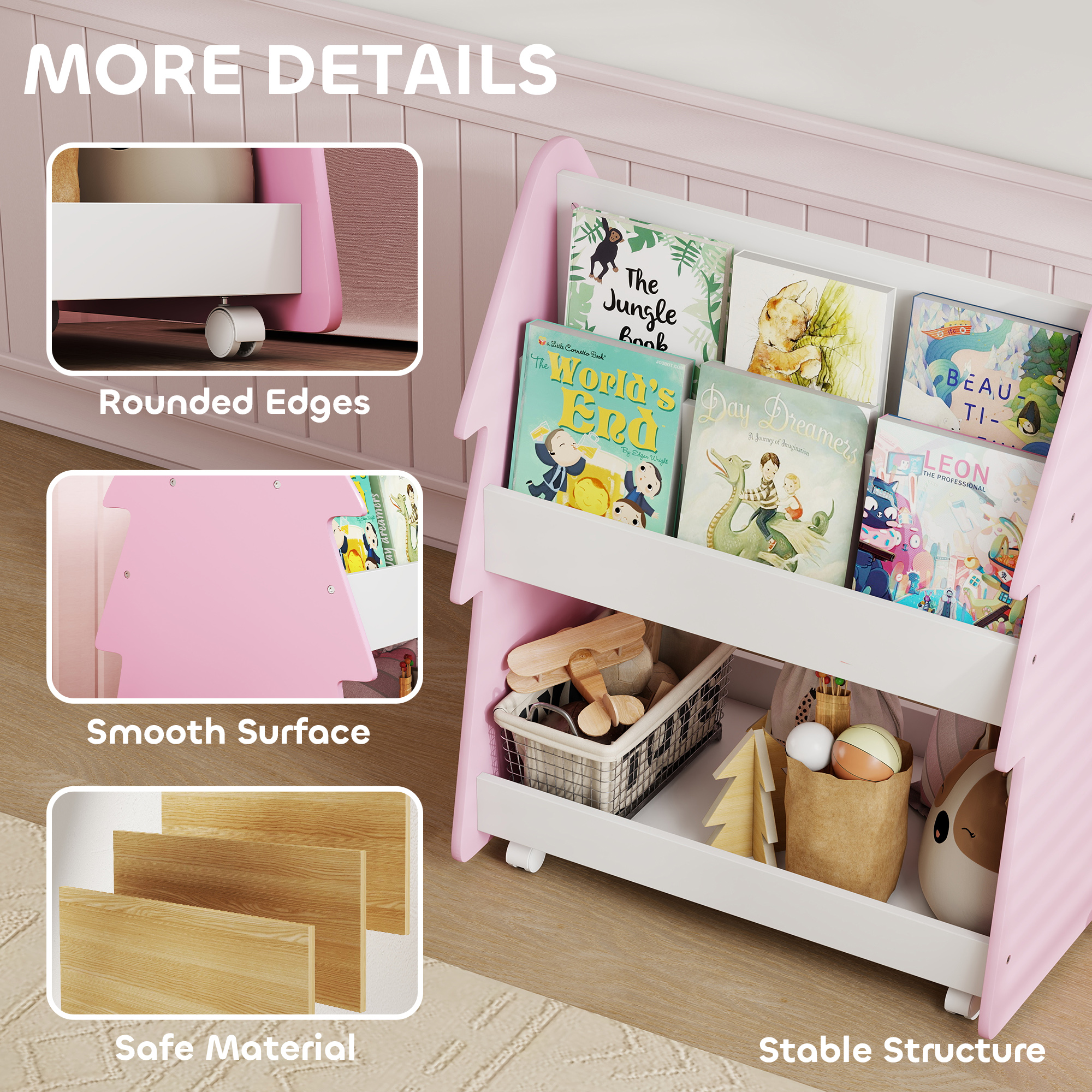 Kids Bookshelf With Toy Storage,Double-Sided Bookcase Wheels,3 Tier Book Rack — image 3