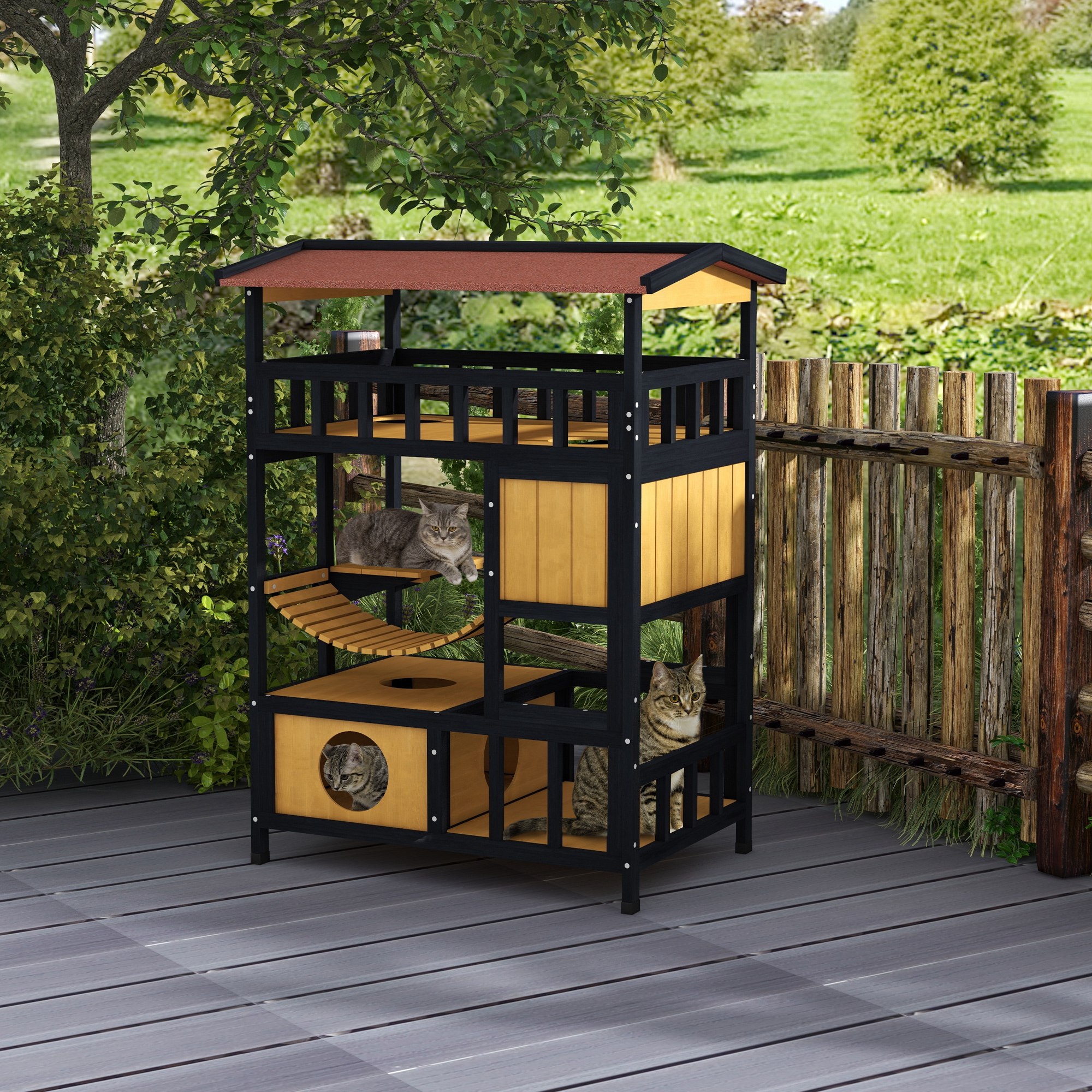 Outdoor Cat Shelter,Four-Tier Wooden Feral House,with Suspension Bridge,Cat — image 3