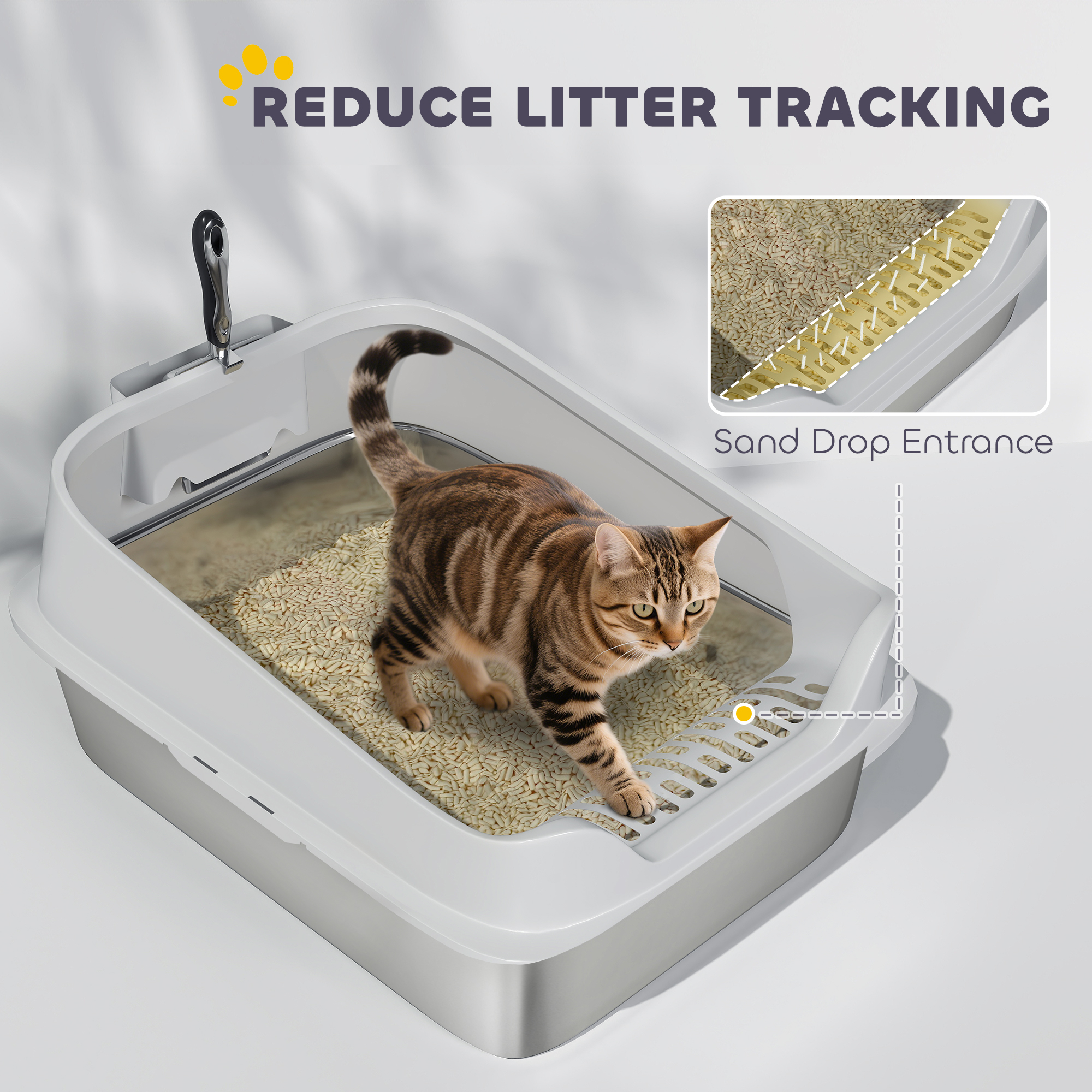 XL Stainless Steel Cat Litter Box With High Sides,Metal Scoop,60 X 40 X 30 Cm
