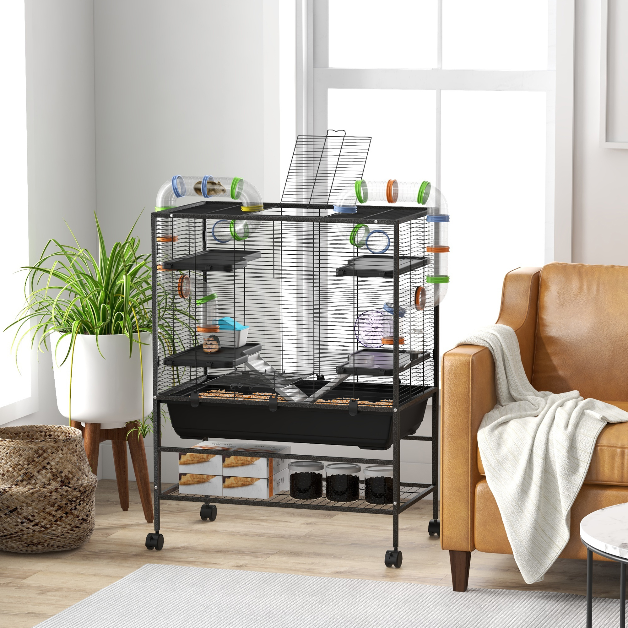Large Hamster Cage,Gerbil Cage With Tubes,Storage Shelf,Ramps,Platforms,Running Wheel-Black detail photo 10