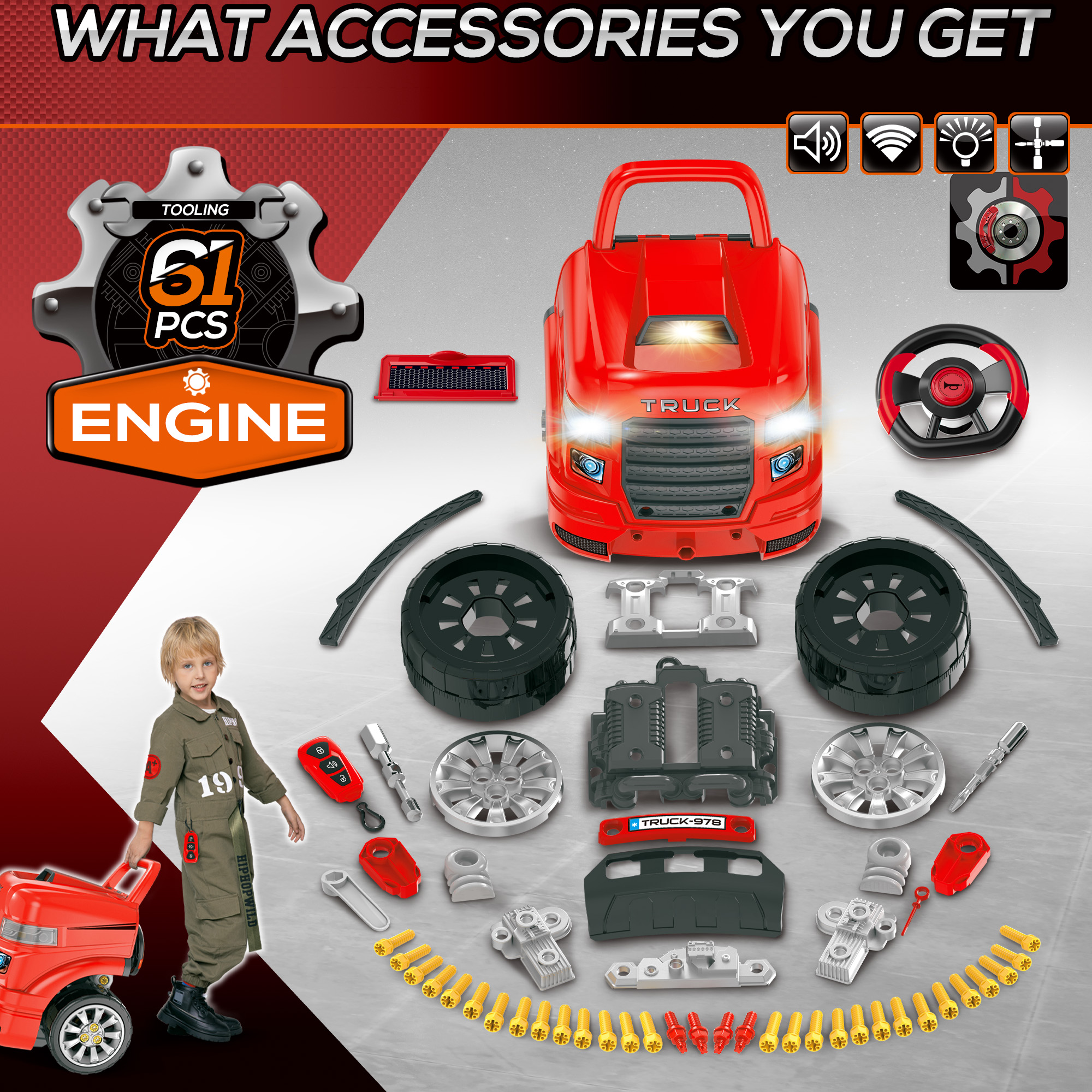 Kids Truck Engine Toy Set,Toddler Educational Car Service Station Playset,Take — image 4