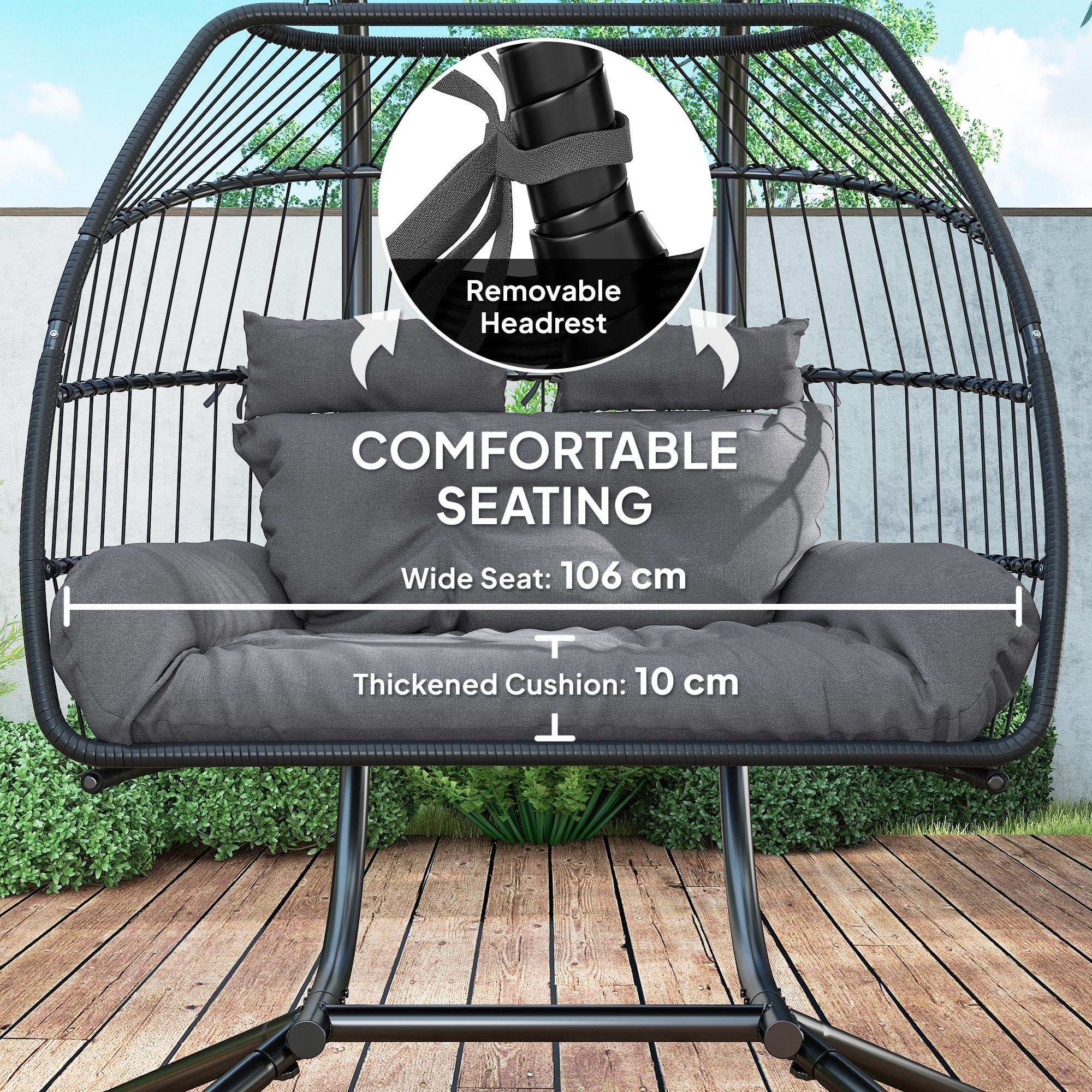 Rattan Double Hanging Egg Chair With Stand,Foldable Wicker Swing Cushion,Head — image 4