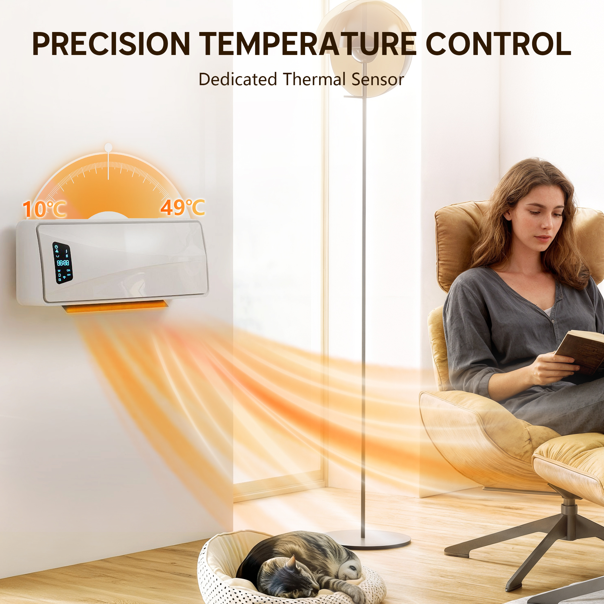 2000W Ceramic Electric Heater With Fan,Adjustable Thermostat,Wall Mounted-White — image 4