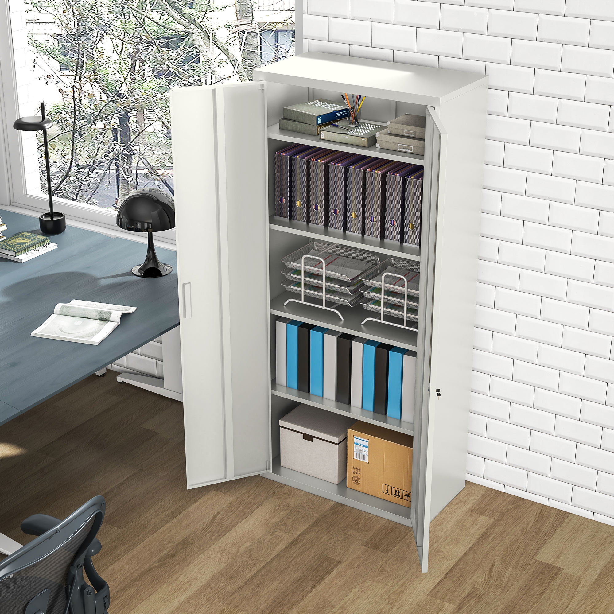 Five Shelf Lockable Steel Office Cabinet-White — image 3