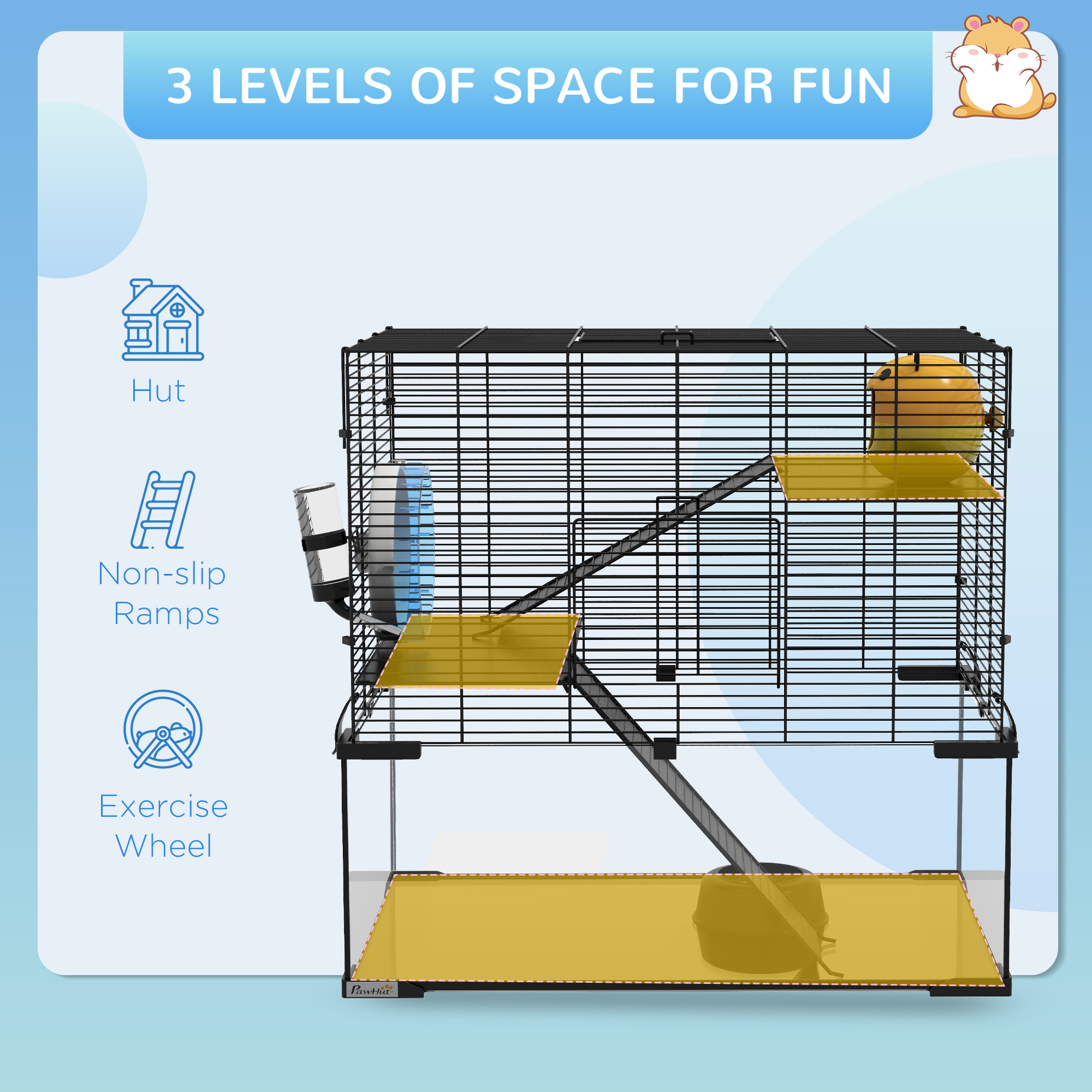 3 Tiers Hamster Cage,Gerbil Cage With Deep Glass Bottom,Non-Slip