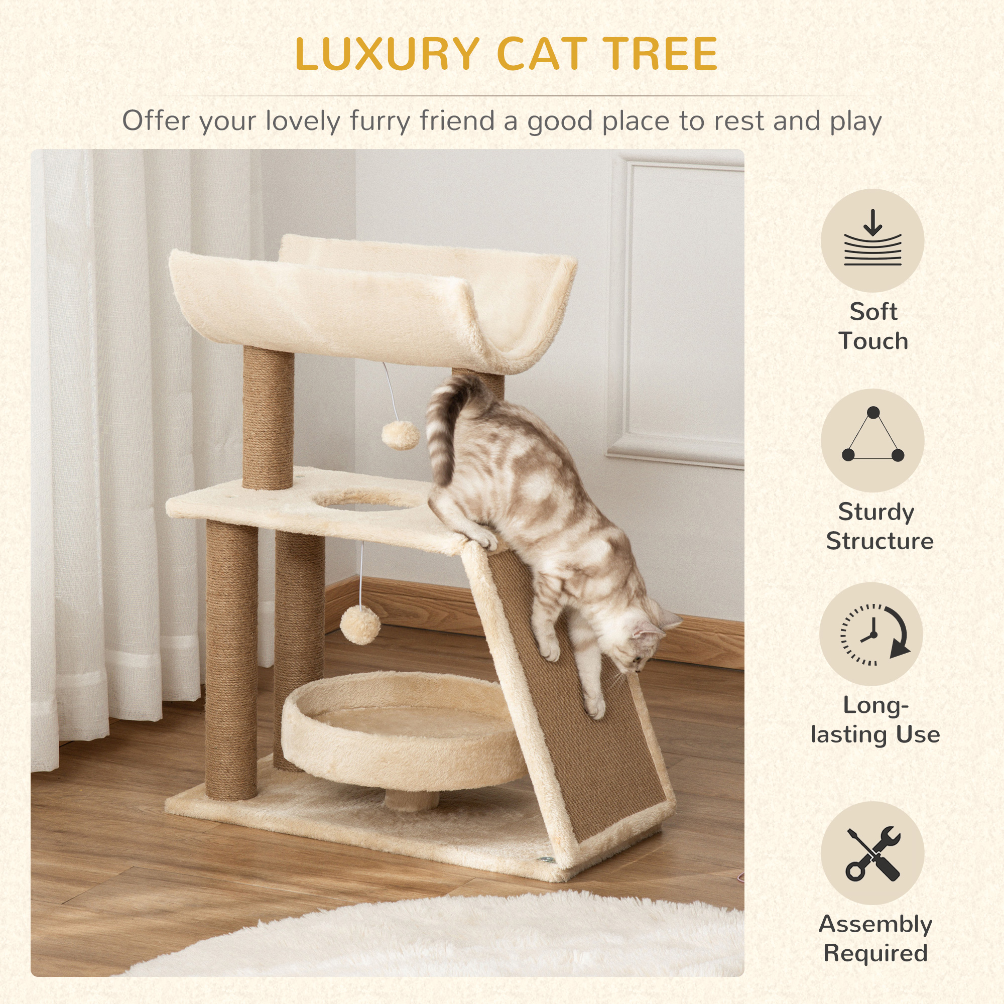 Cat Tree Tower,with Scratching Posts,Pad,Bed,Perch,Toy Ball-Light Brown detail photo 10