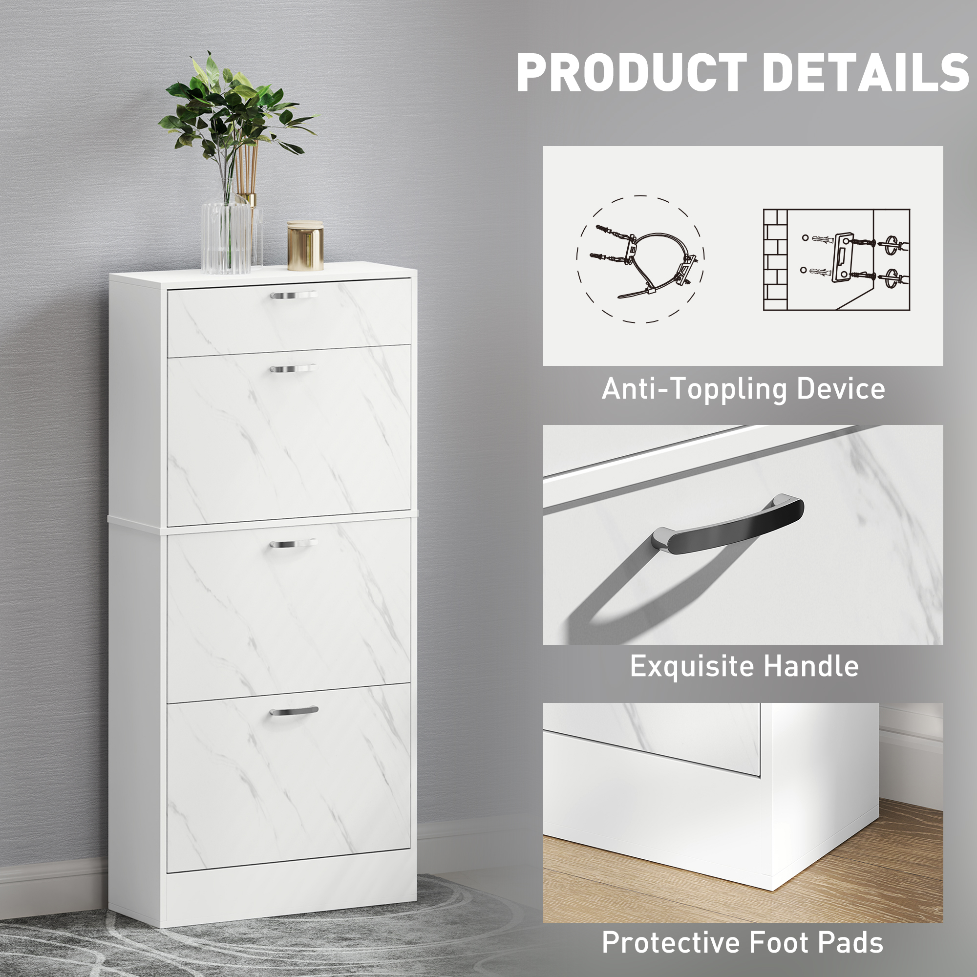 Marble Shoe Storage Cabinet With 3 Flip Drawers,Hallway Top Drawer — image 4