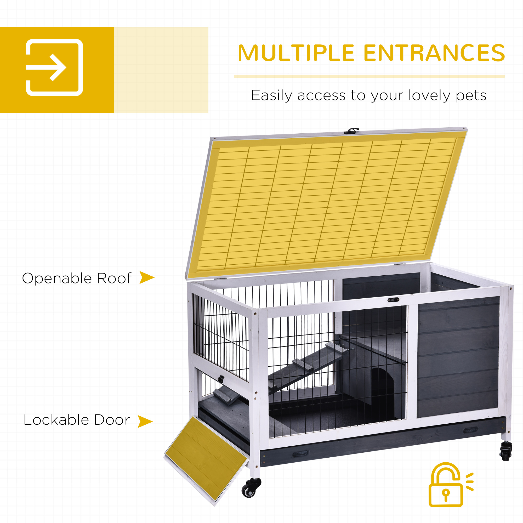 Wooden Guinea Pig Hutch,2-Floor Bunny Cage W/ Enclosed Run Area,Grey — image 2
