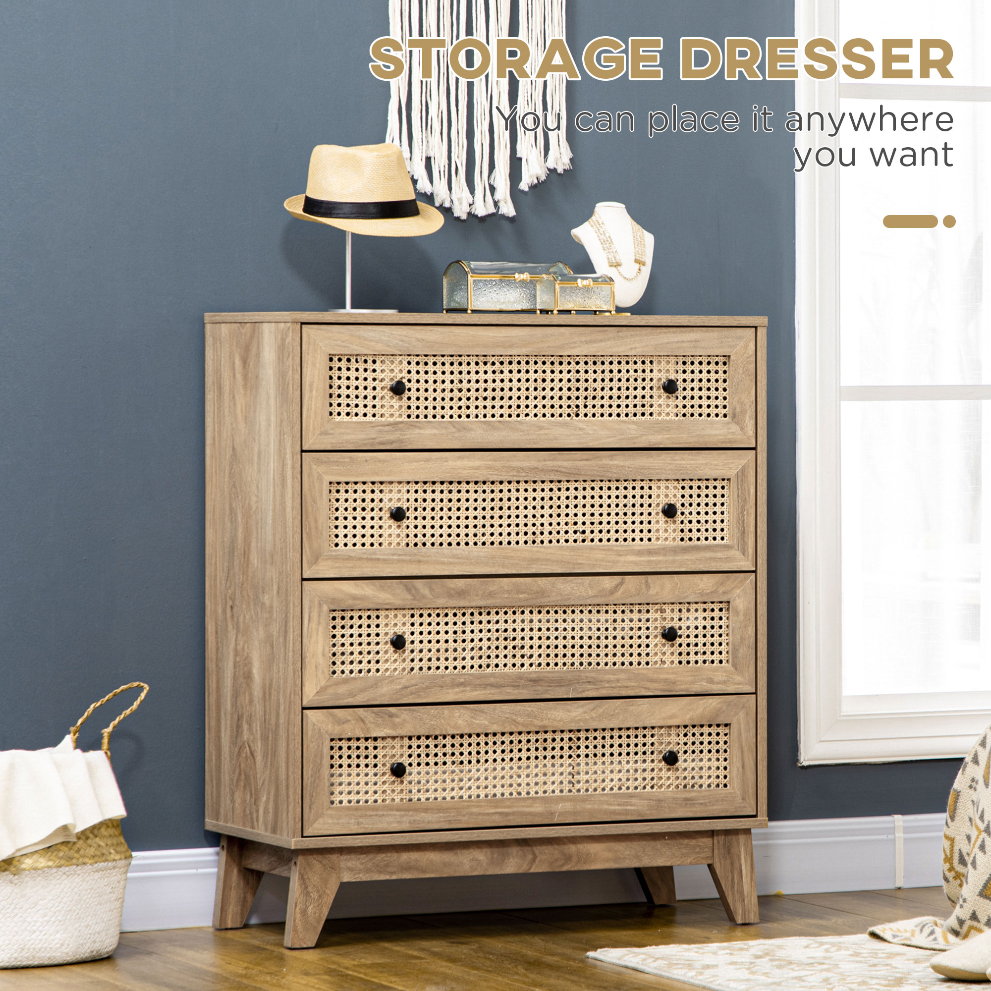 Storage Cabinet,4-Drawer Unit With Rattan Element For Bedroom,Living — image 3