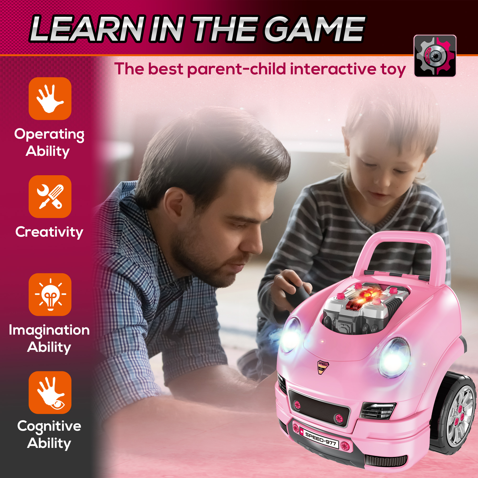 Kids Truck Engine Toy Set,with Horn,Light,Car Key,for Ages 3-5 Years-Pink