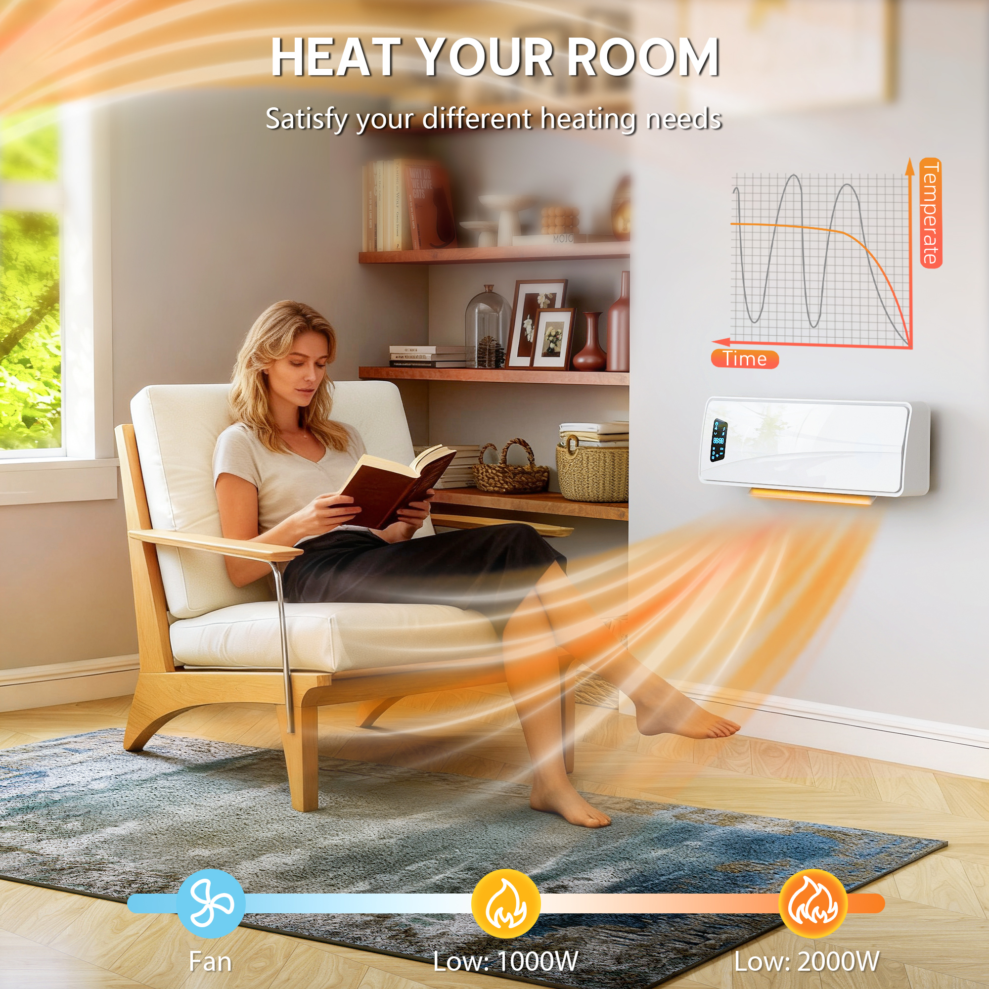 2000W Ceramic Electric Heater With Fan,Adjustable Thermostat,Wall Mounted-White — image 5