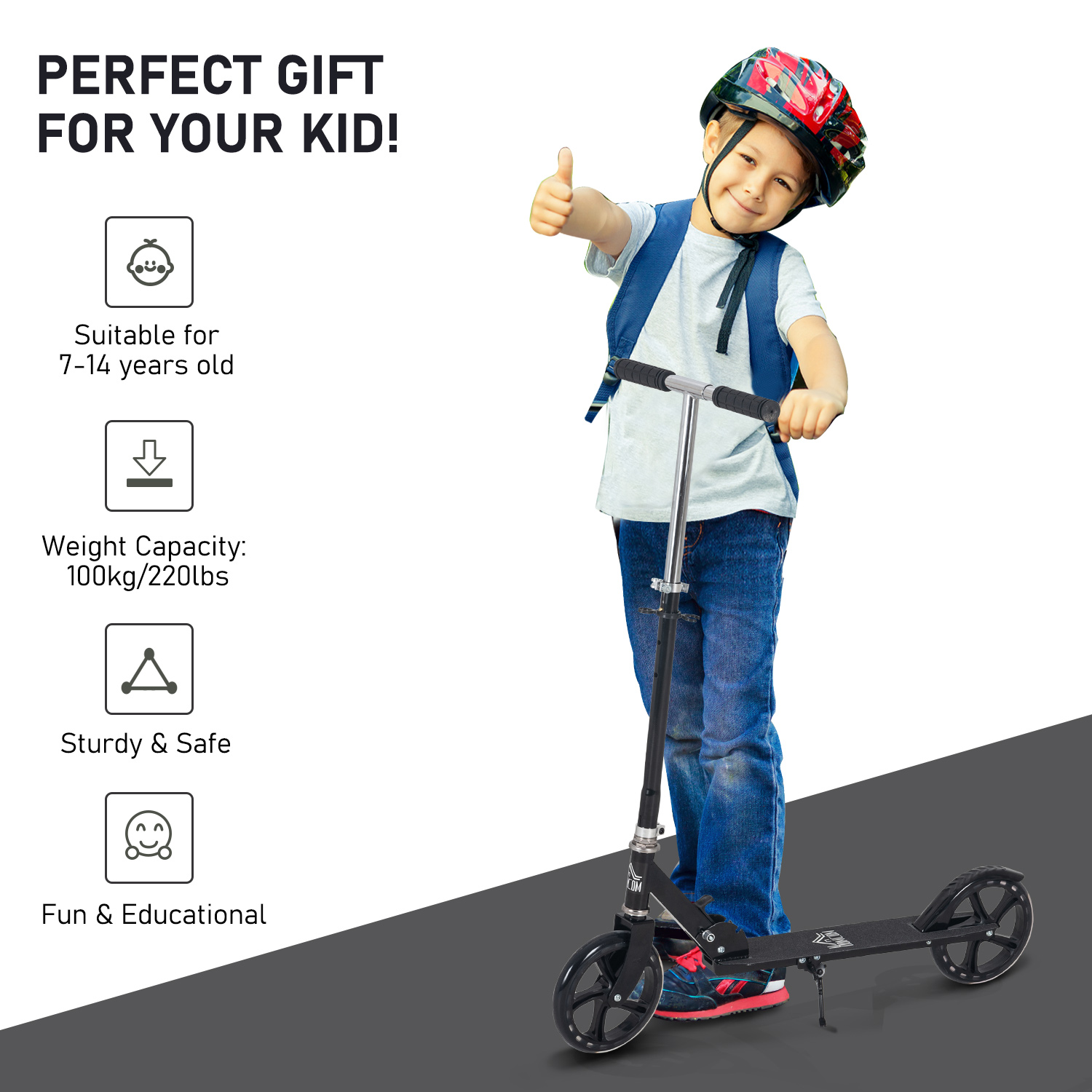 Kids Scooter Teenager Kick Foldable 4 Levels Adjustable Height With Rear Fender