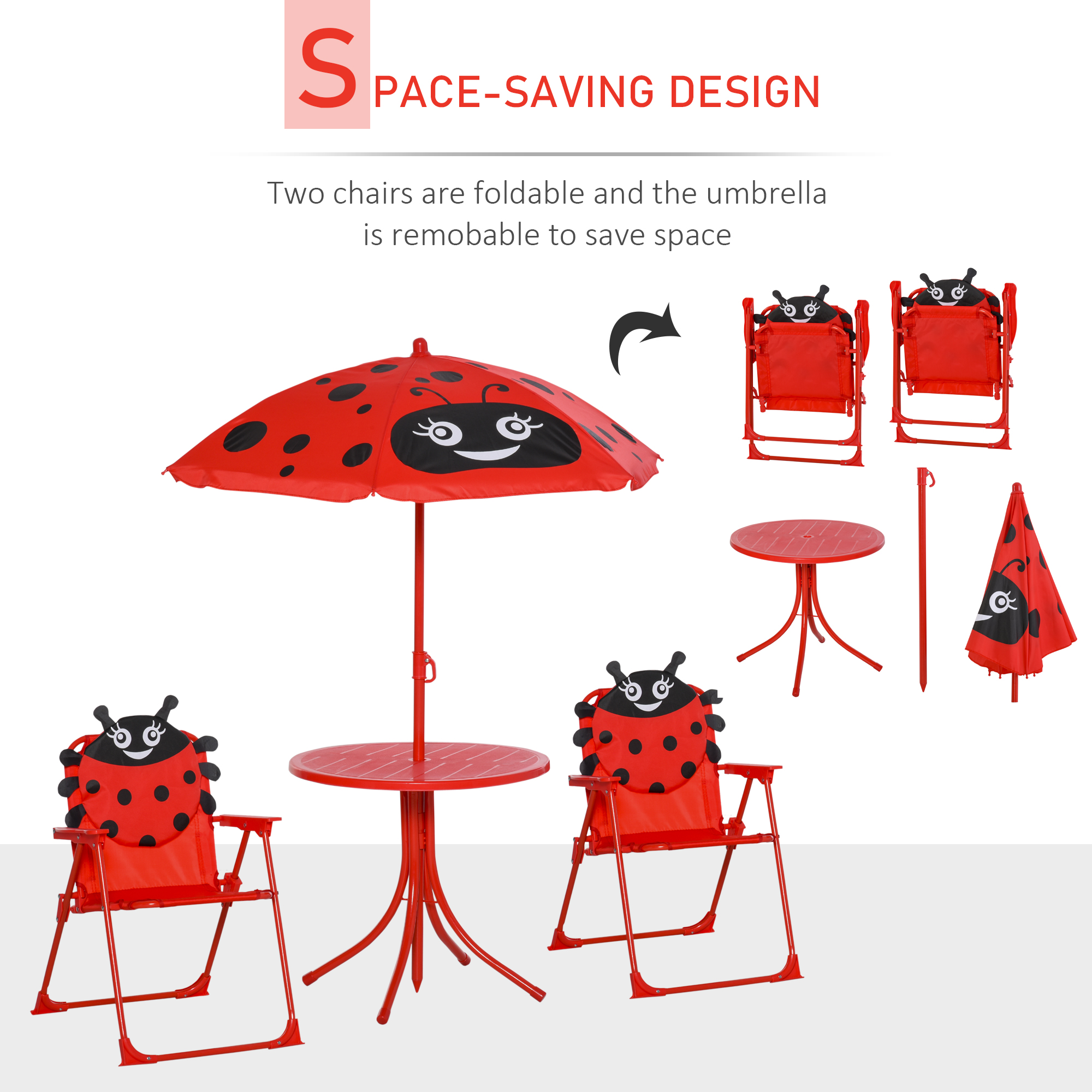 Kids Folding Picnic Table Chair Set W/ Parasol,Red — image 4