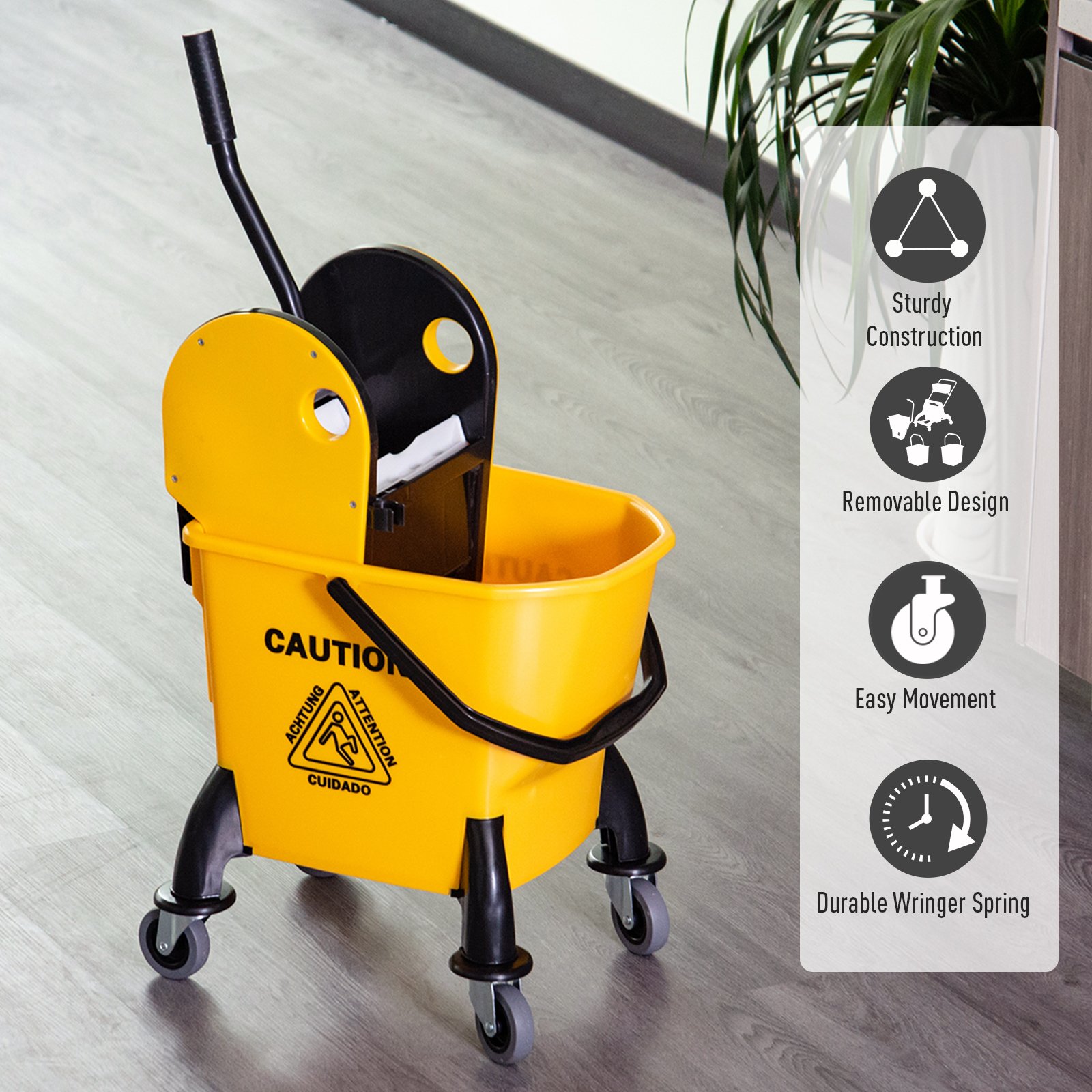 25L Mop Bucket,with Wringer,Wheels And Handle-Yellow