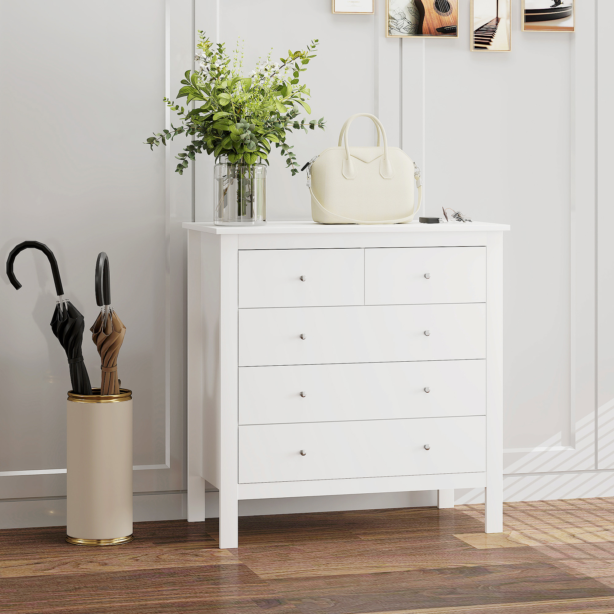 Modern Chest Of Drawers,5 Drawer Storage Cabinet With Metal Handles And Runners