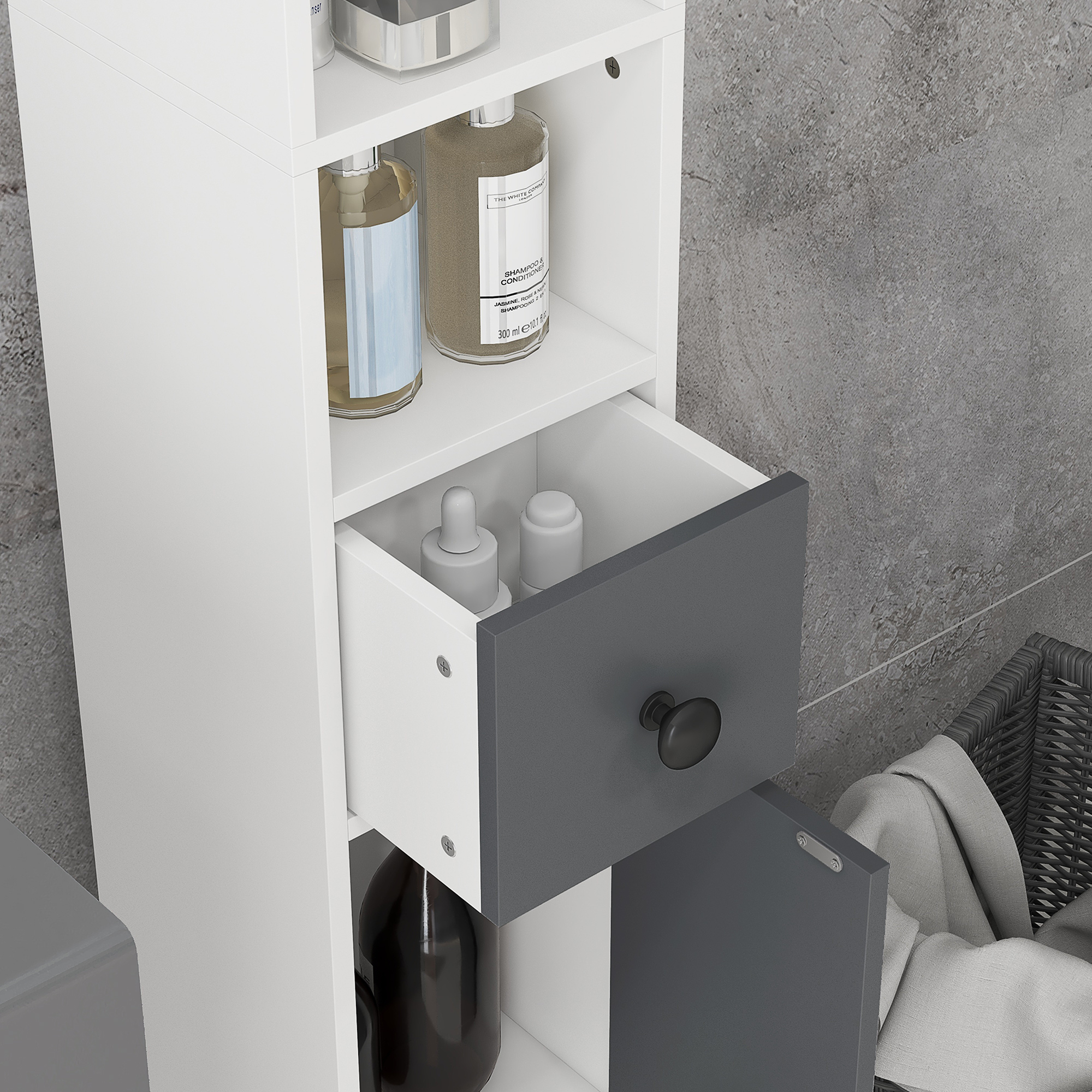 180cm Slim Bathroom Cabinet,with Drawer,Shelves And Cupboards-Grey — image 3