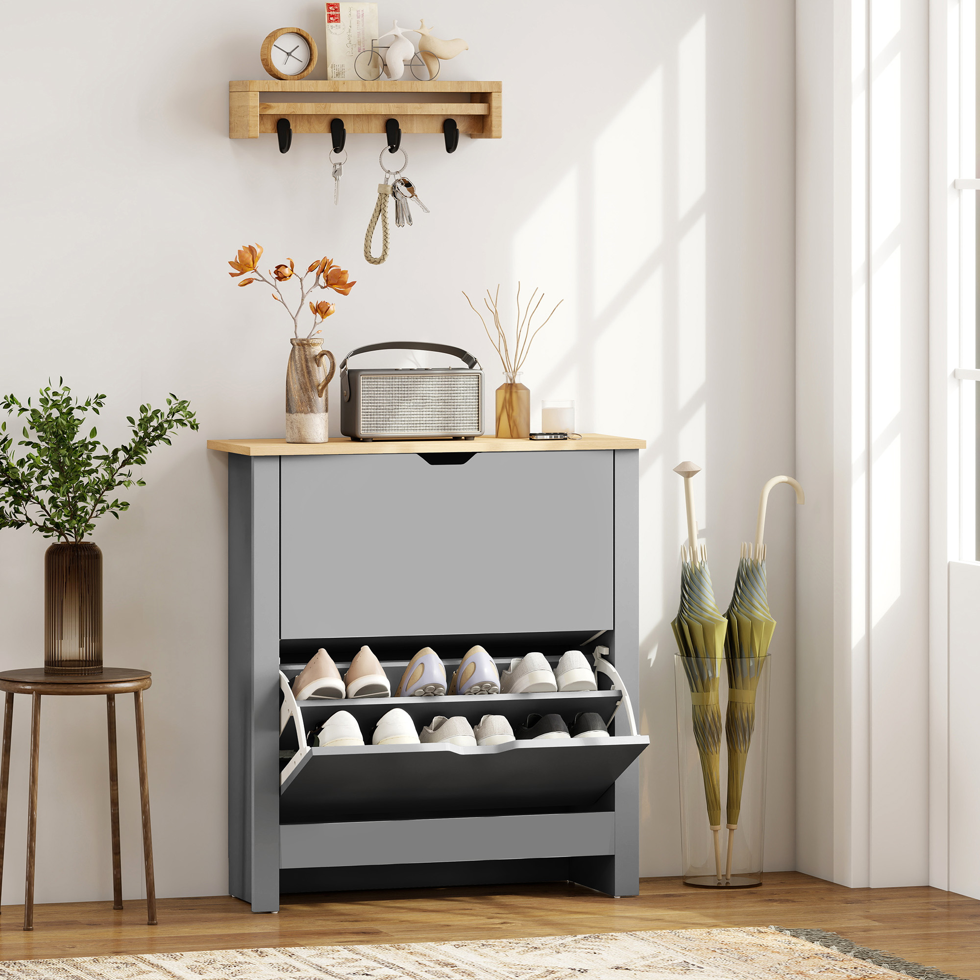 Slim Shoe Cabinet,Narrow Cupboard With 2 Flip Drawers,Adjustable Shelves For 12 — image 5