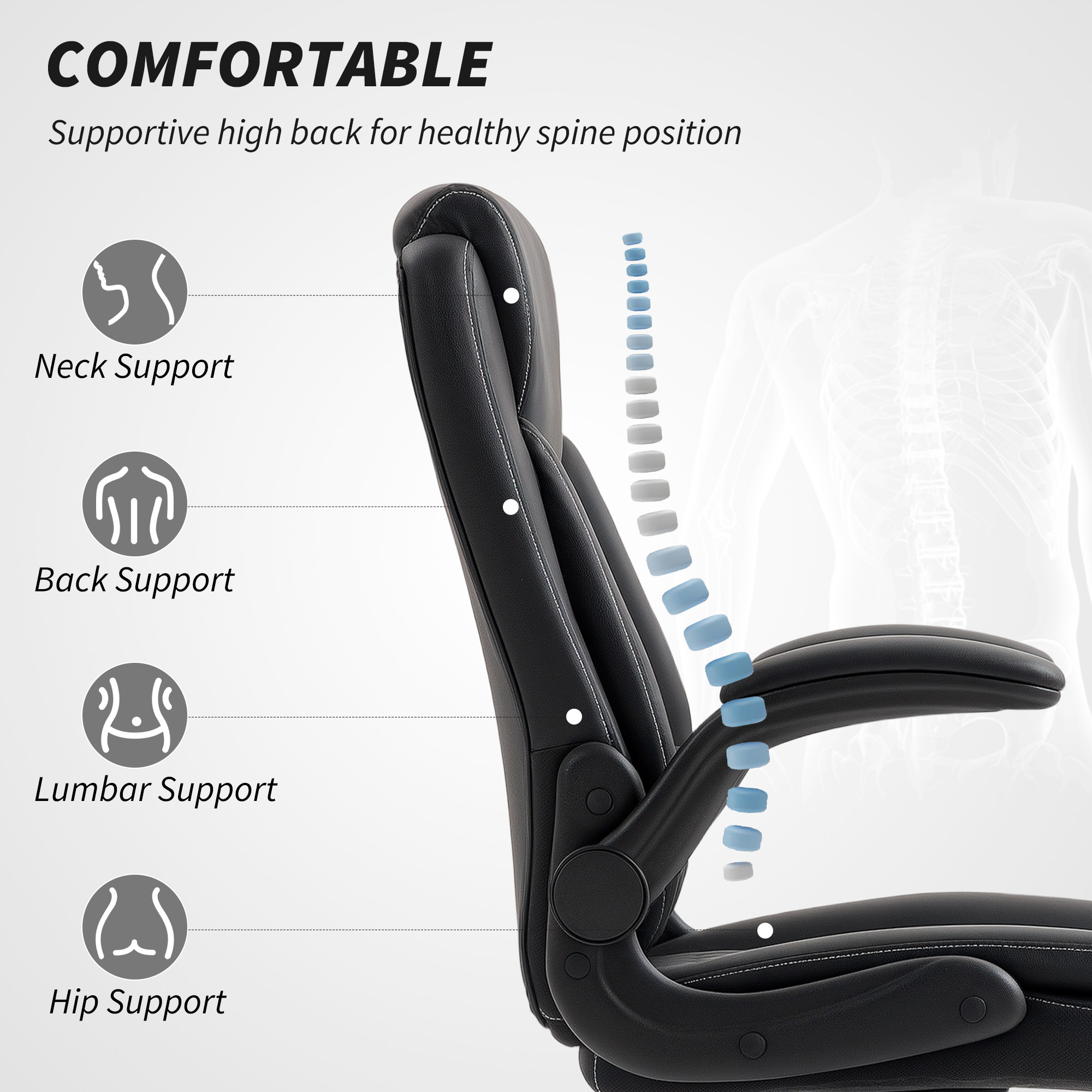 Faux Leather Office Chair. With Flip-Up Armrests-Black