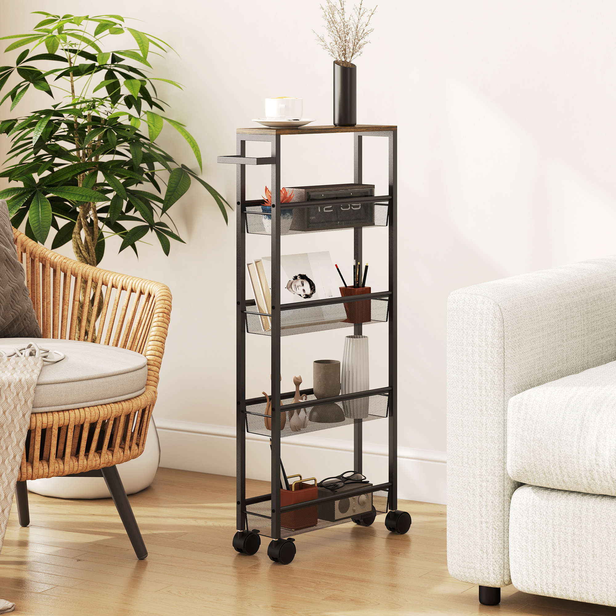 Slim Storage Trolley,5-Tier Kitchen Cart On Wheels With Wood-effect Top,Handle — image 3