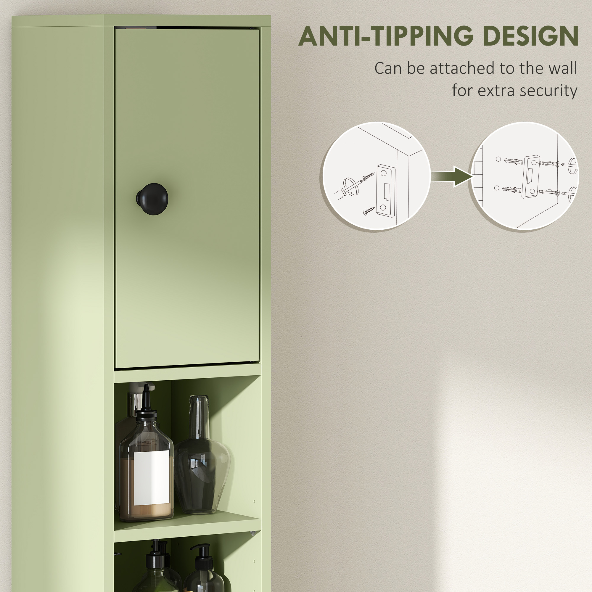 180cm Slim Bathroom Cabinet,with Drawer,Shelves And Cupboards-Green — image 5