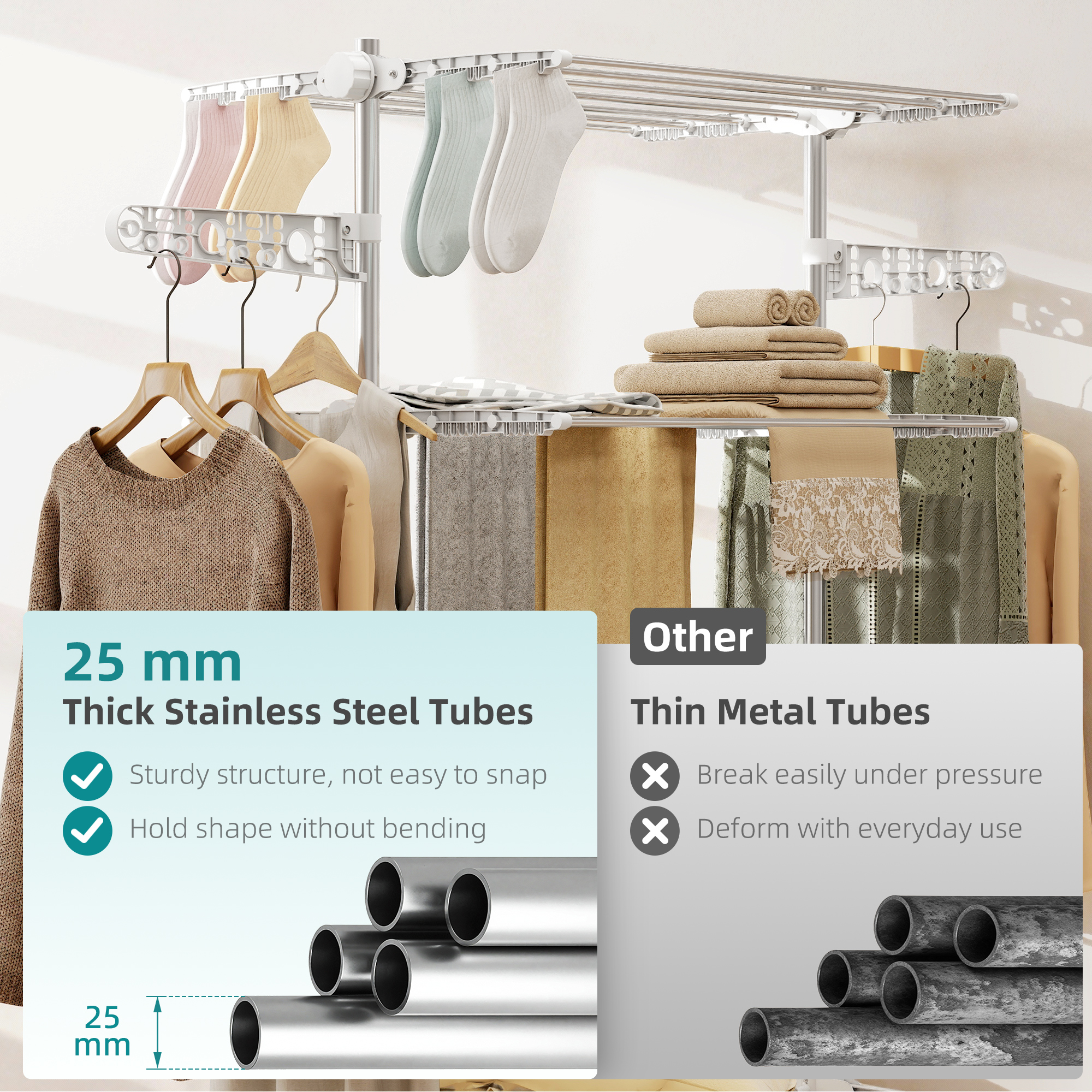 Four-Shelf Collapsing Clothes Horse,With Side Arms And Wheels-White — image 2
