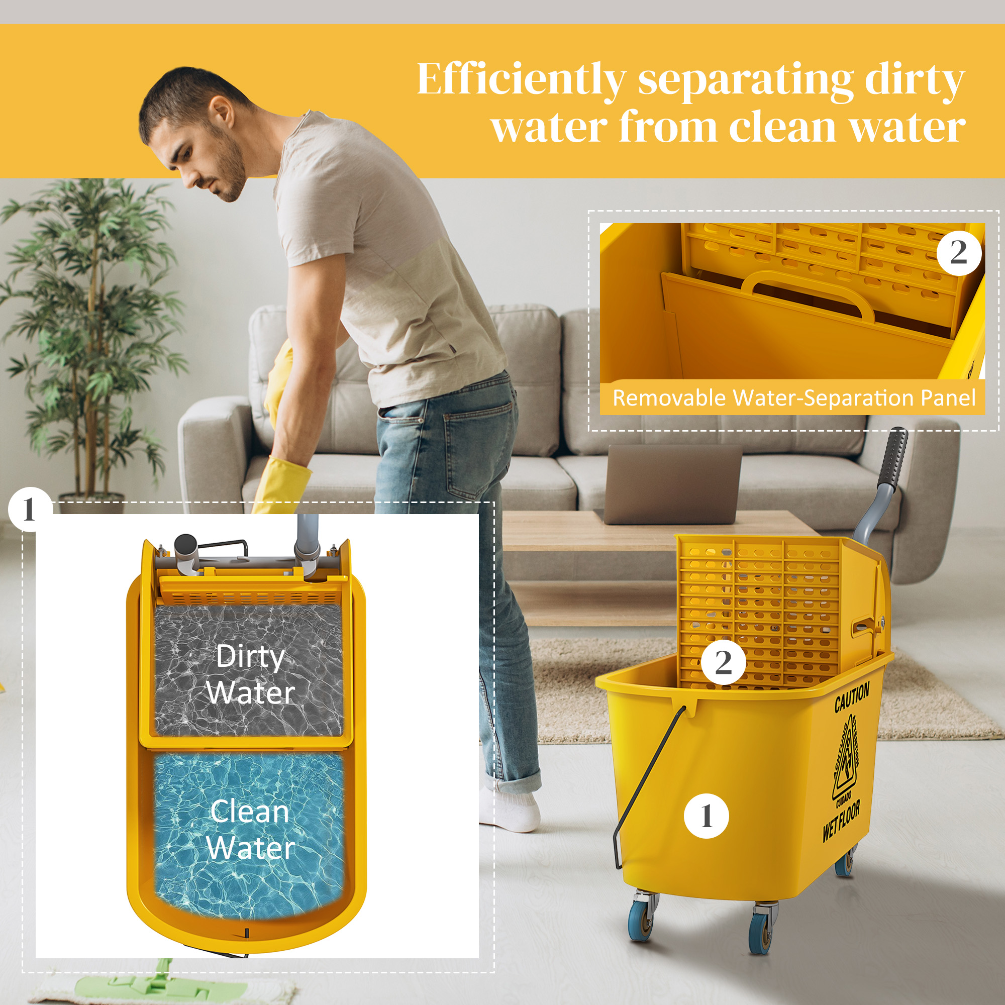 Mop Bucket With Wringer Set On Wheels For Floor Cleaning,20 Litre Side Press — image 4