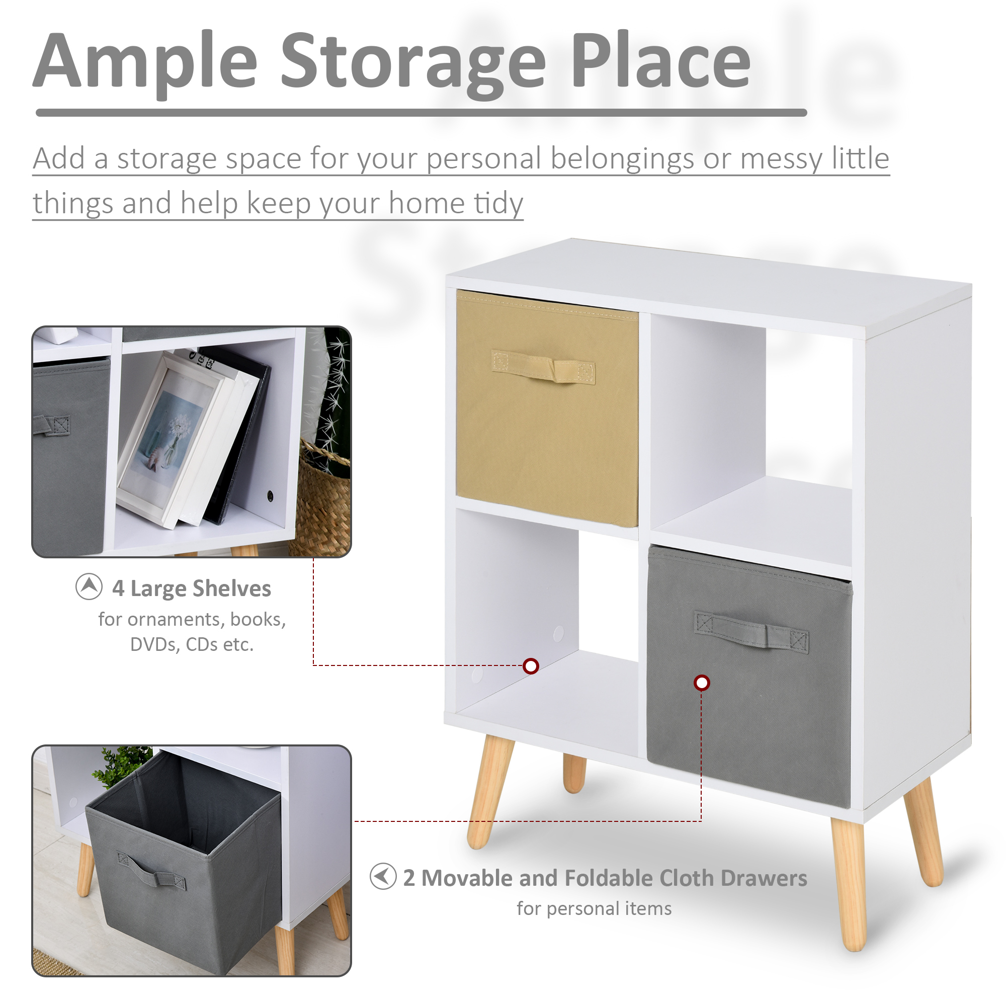 Freestanding 4 Cube Unit Cabinet W/ 3 Fabric Drawers Handles Home Office — image 4